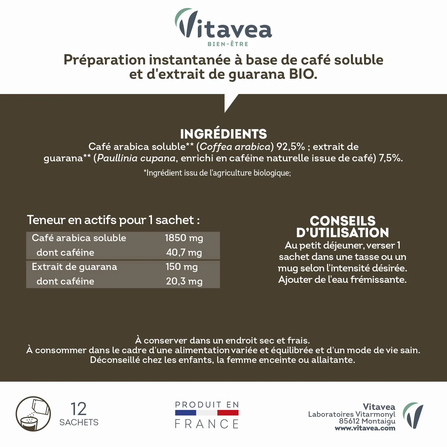 VITAVEA BIEN-ÊTRE Préparation Instantanée BIO Café Soluble 100% Arabica Extrait de Guarana BIO 12 Sachets Fabriqué en France