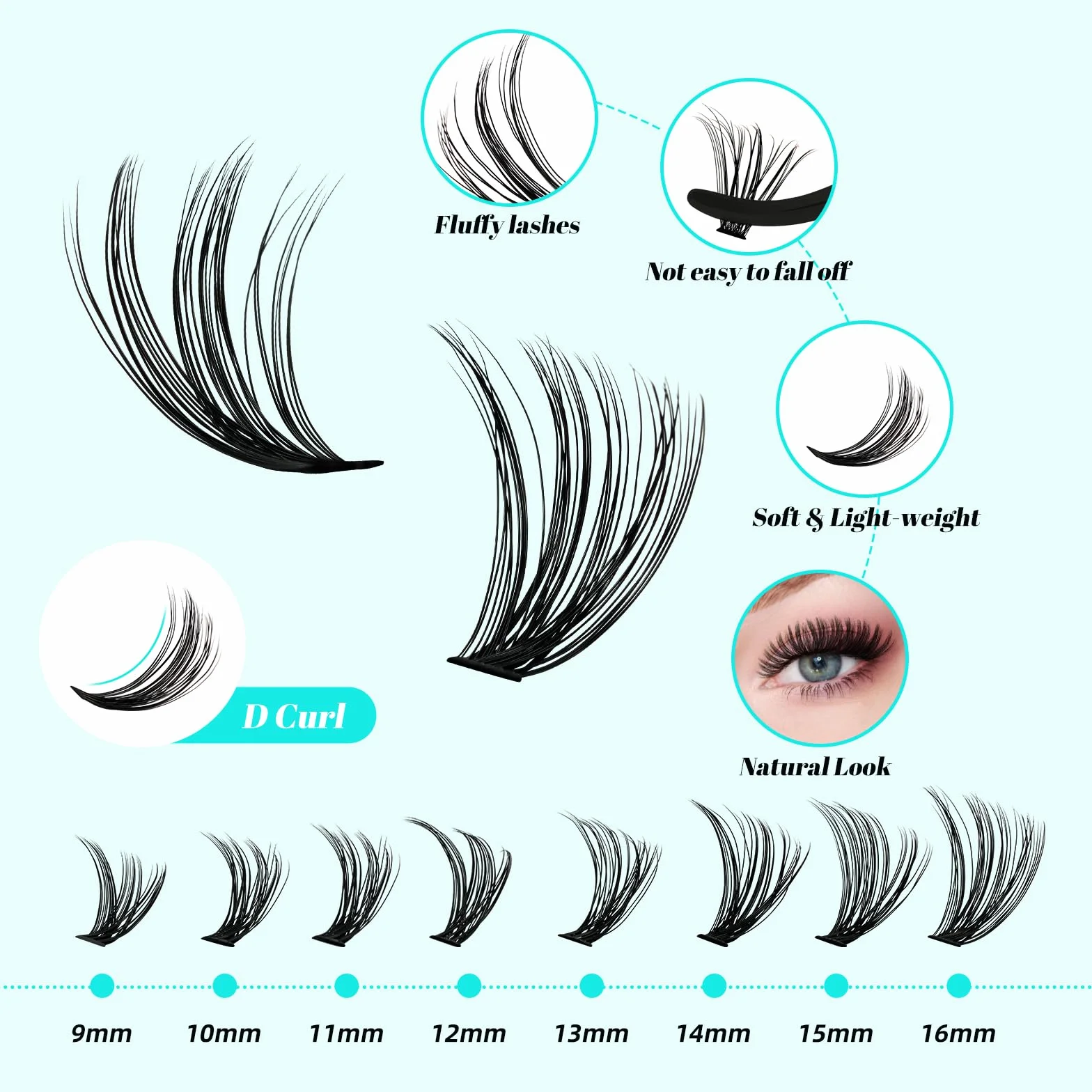 Lashes 3040D Lot de 320 extensions de cils avec colle et scellement pour retirer les cils, pince à épiler (kit 3040D, 9-16MIX)