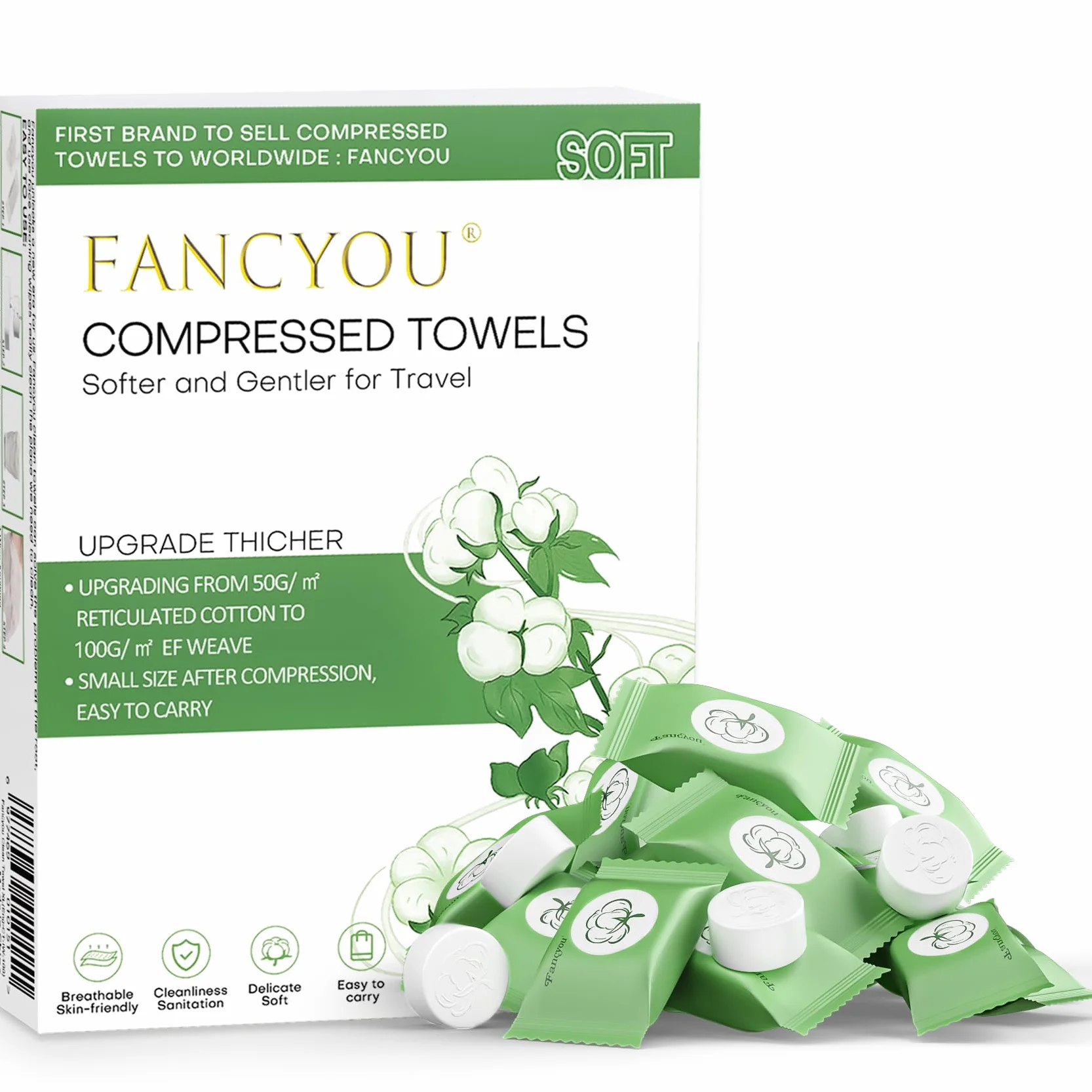 Serviettes Compressées Jetables 100Pièces, Ultra-douces Biodégradables Visage Voyage, Chiffons Nettoyage Comprimés Absorbants