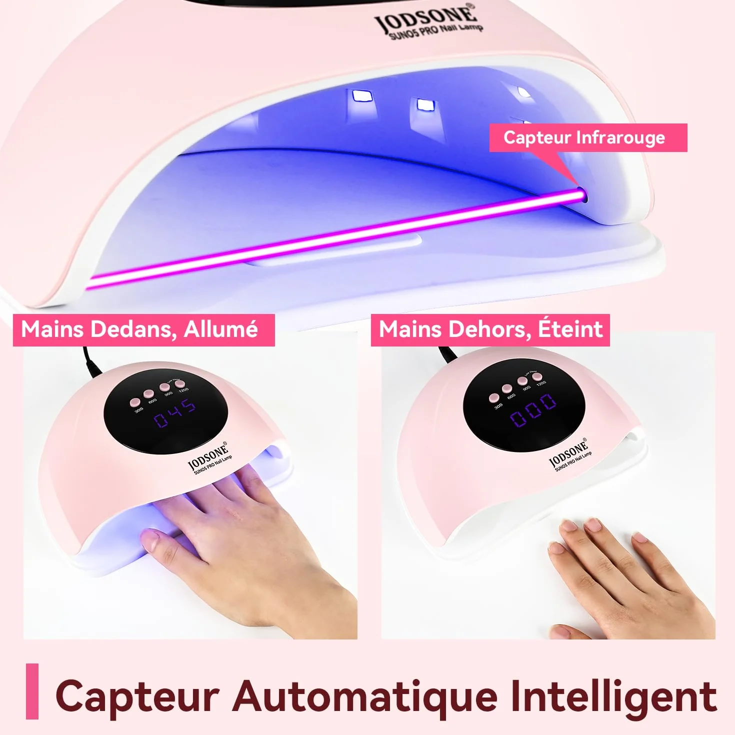 JODSONE Lampe UV Ongles Gel, Lampe à Ongles UV/LED Double Source Lumineuse avec 4 Minuteries et Capteur Automatique, Séchage Rapide du Vernis Gel-Rose