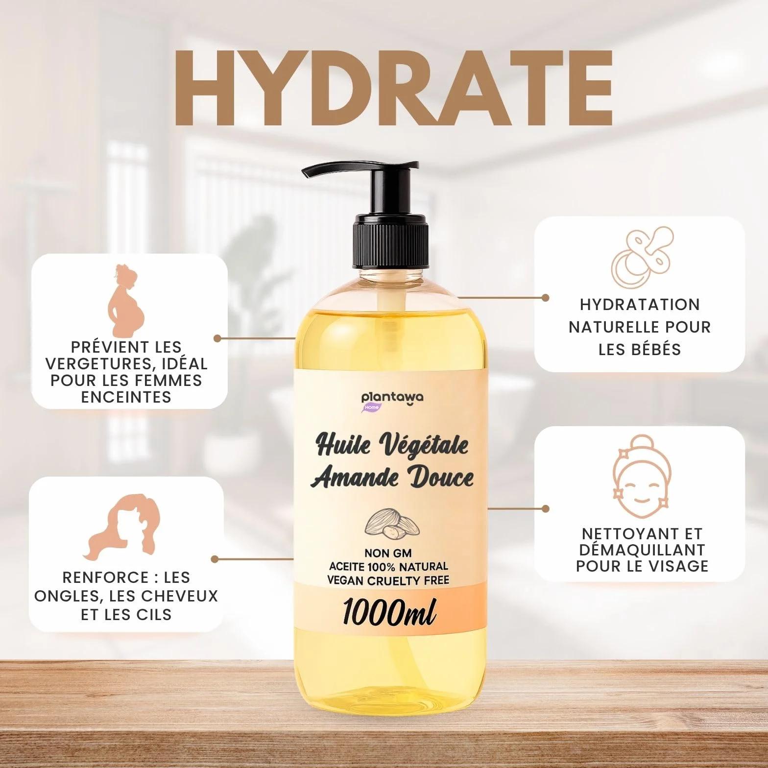 PLANTAWA Huile d'amande douce 1 l BIO avec dosificateur