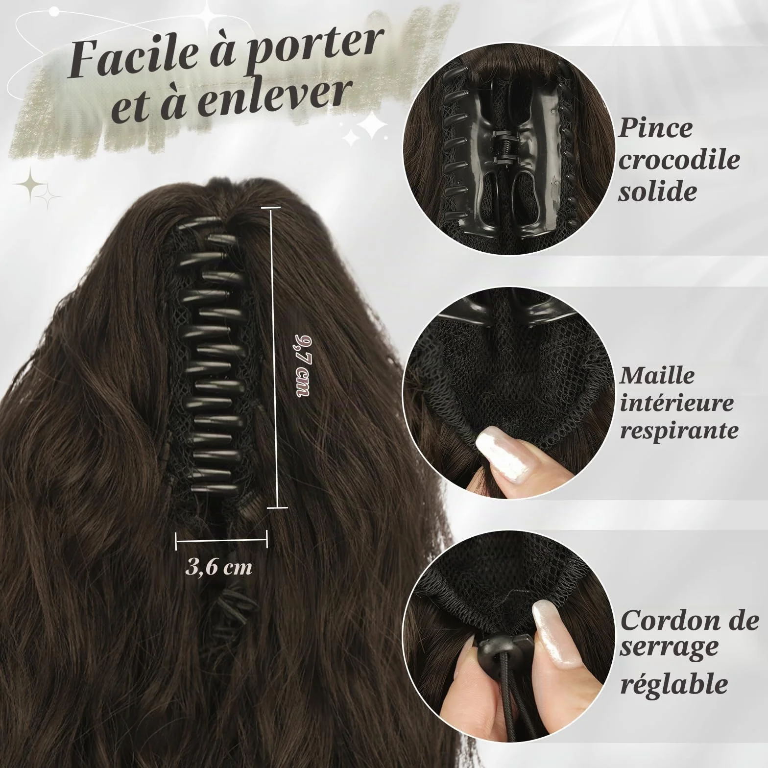 BARSDAR Extensions de cheveux synthétiques à clipser pour queue de cheval - 45,7 cm - Cheveux bouclés et ondulés - Pour tous les jours - Brun foncé