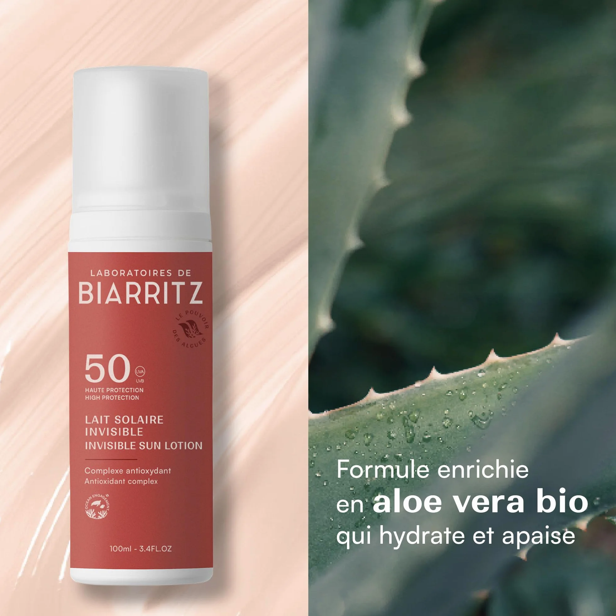 Laboratoires de Biarritz - Lait Solaire Invisible SPF50 - Texture Fluide Invisible - Visage & Corps - Effet Frais dès Application - Parfum 100% d’Origine Naturelle - 100 ml - Fabriqué en France