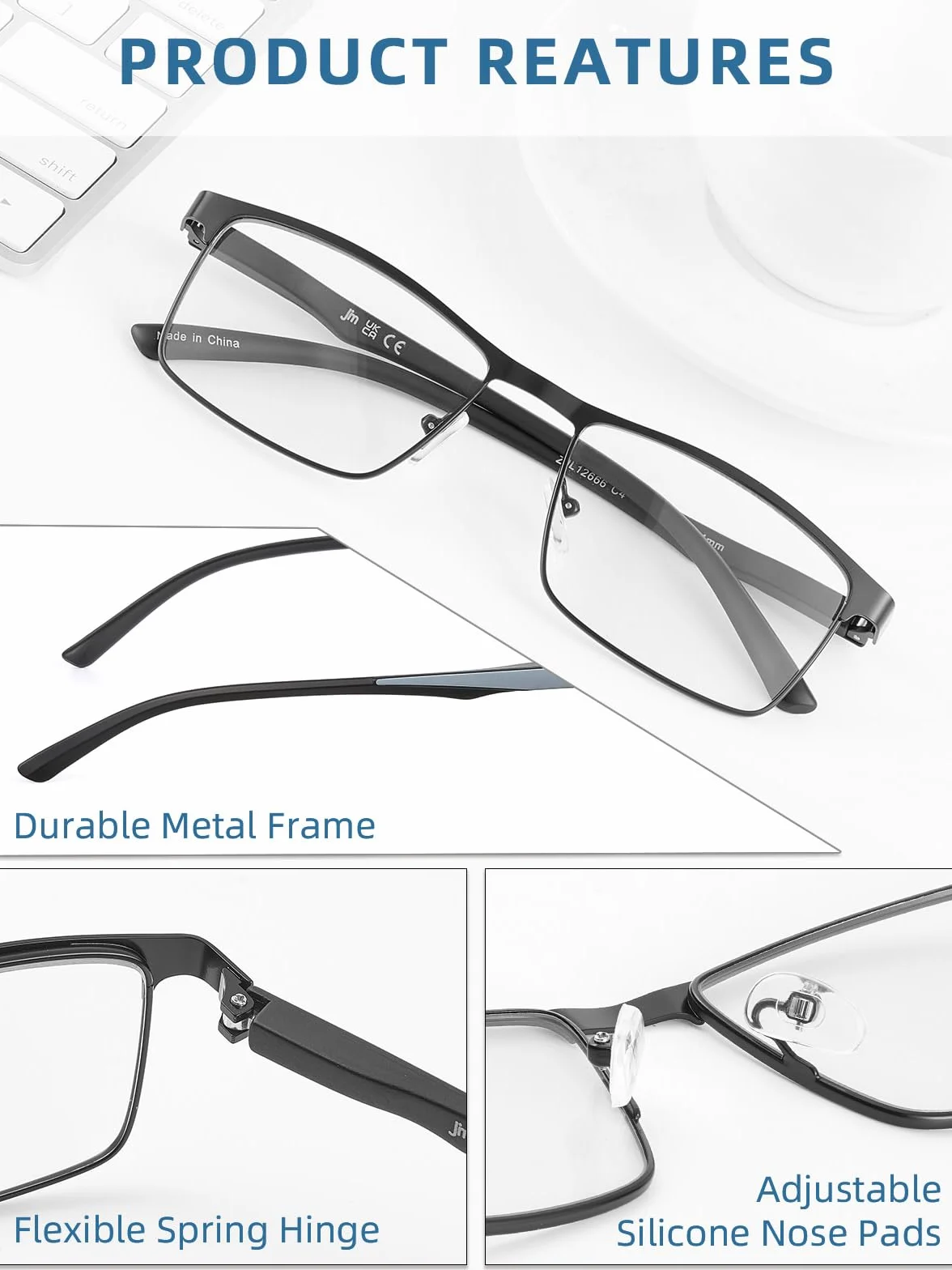 Lunettes de Lecture Homme Anti Lumiere Bleue Rectangulaire Metal Acier Inoxydable 5 Paires
