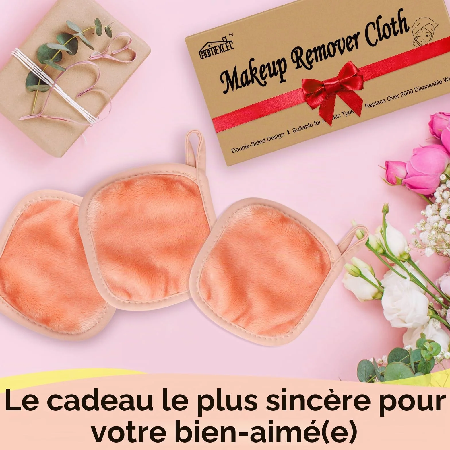 HOMEXCEL Lingettes démaquillantes réutilisables en microfibre paquet de 12 12,7 x 12,7 cm rose