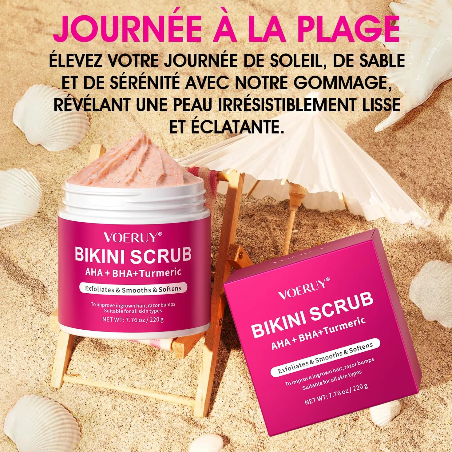 Gommage Bikini AHA BHA Curcuma 220g Élimine Poils Incarnés Peau