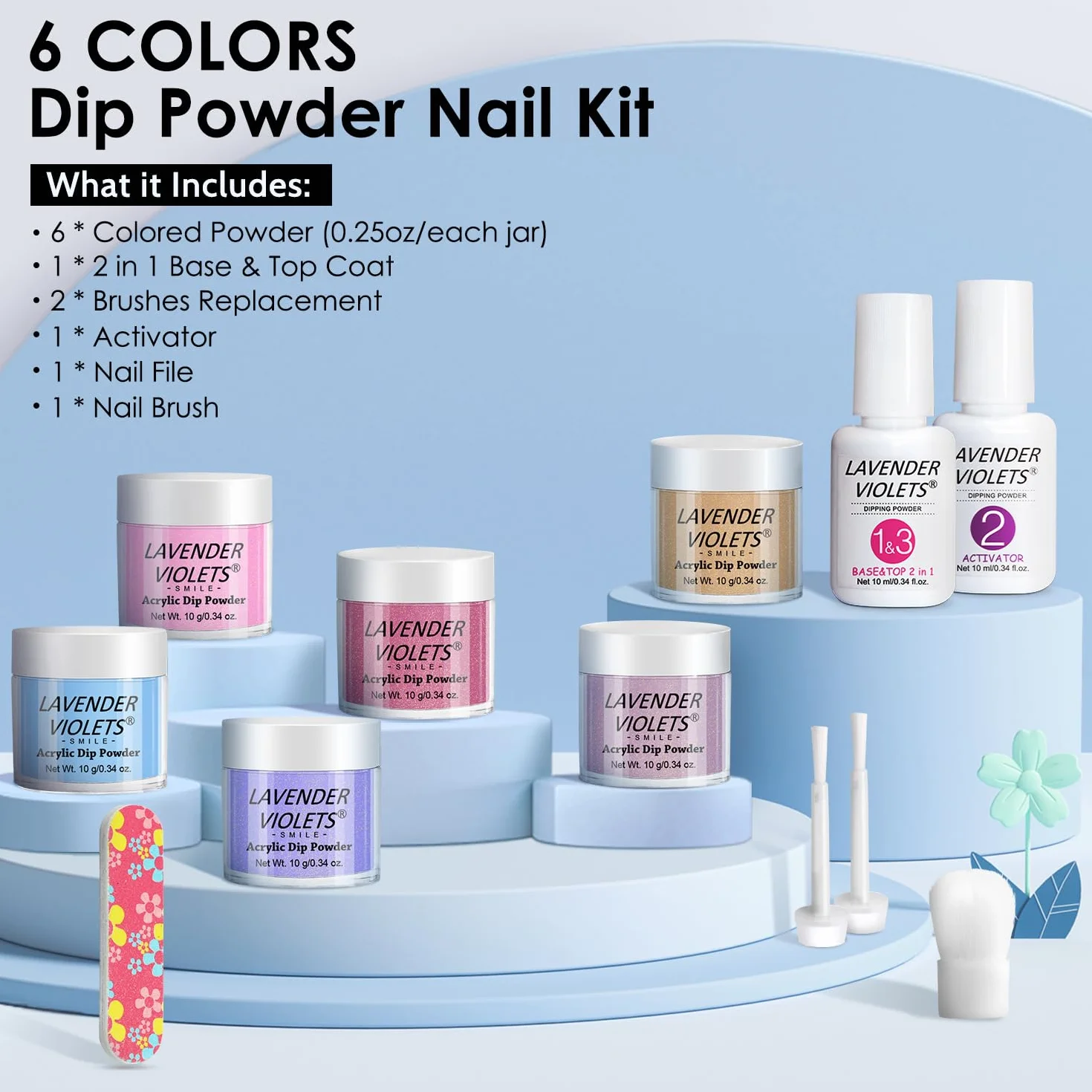 Lavender Violets 6 Couleurs Acrylique Trempage Poudre Système French Nail Manucure Base Activateur Vernis Finition Brosse Lime