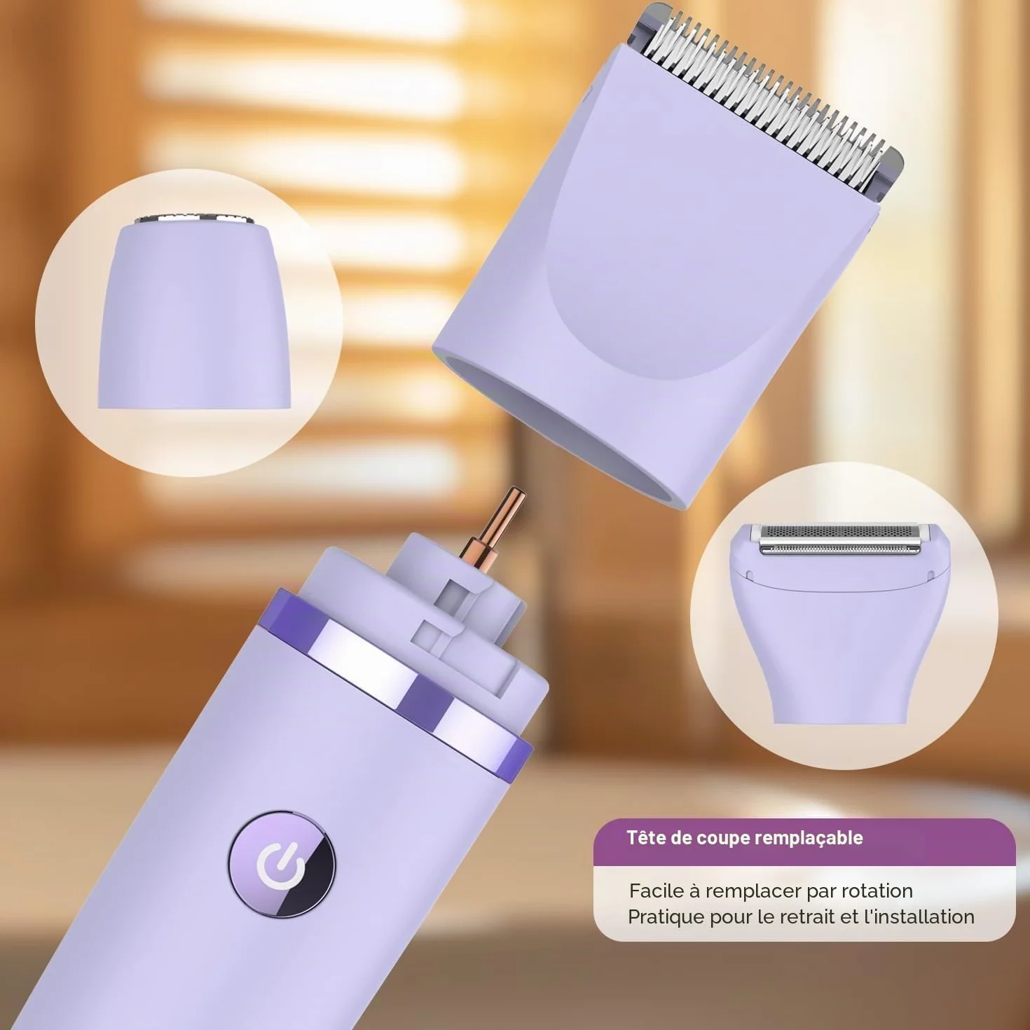 Rasoir Electrique Feminin Tondeuse précise visage zones sensibles, Sans fil, Étanche, Écran LCD, Violet, 3 en 1