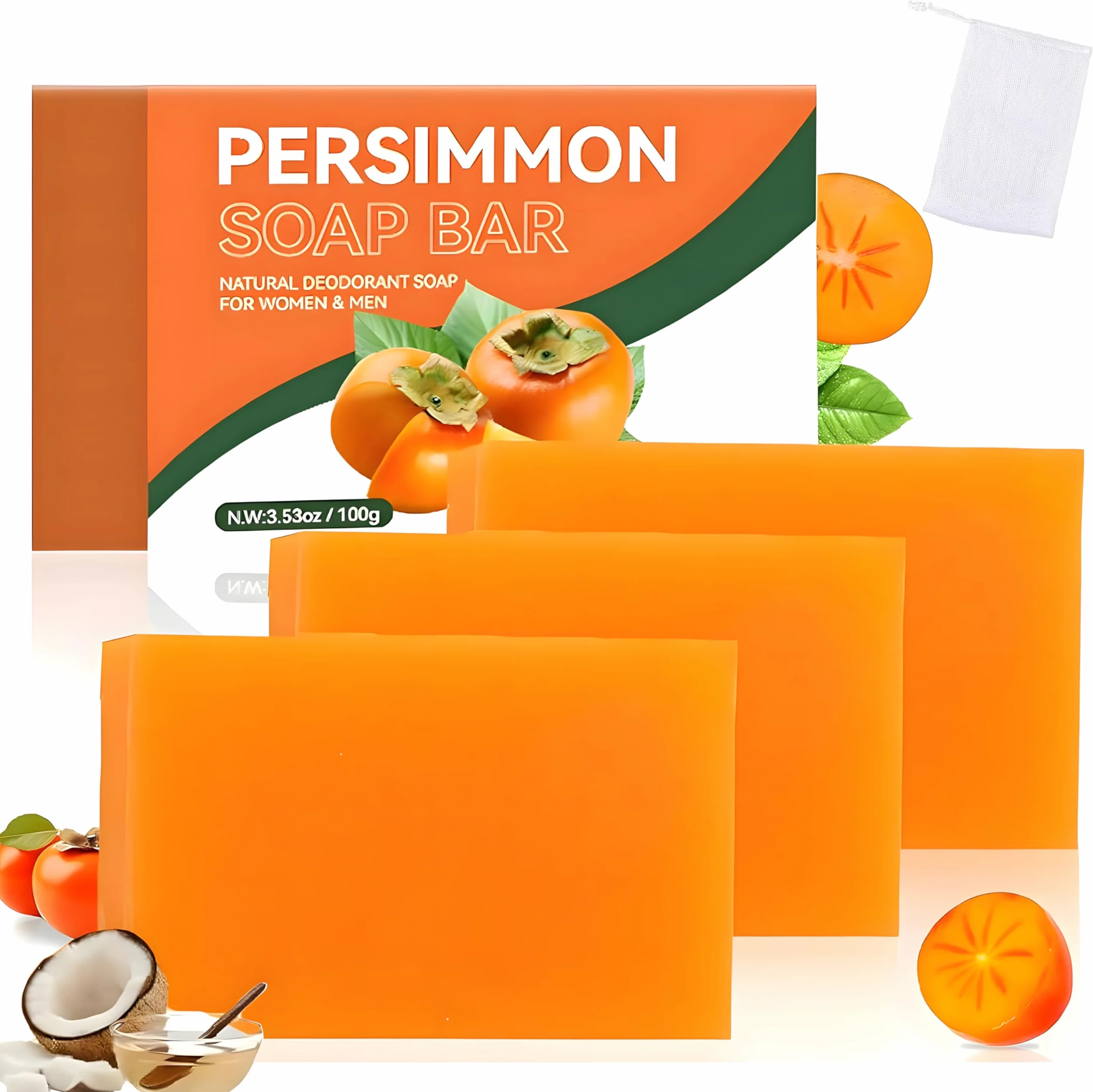 Savon au Kaki Extrait de Thé Vert Lot de 3 Désodorisant Fait Main Nettoyant Visage Corps