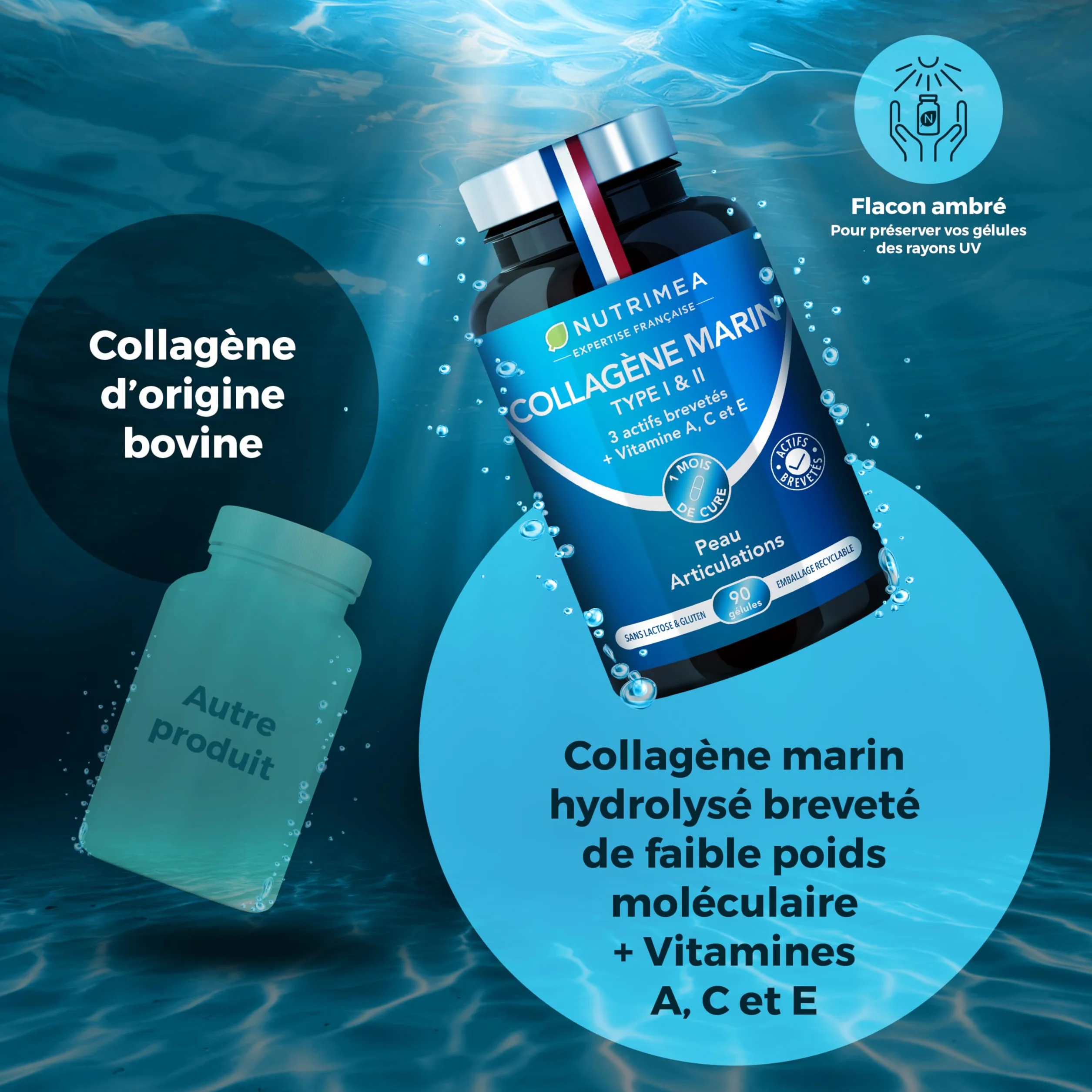 Nutrimea Collagene Marin Types I & II Brevetés 900 mg 90 Gélules Vitamines A C E Végétales Fabriqué en France