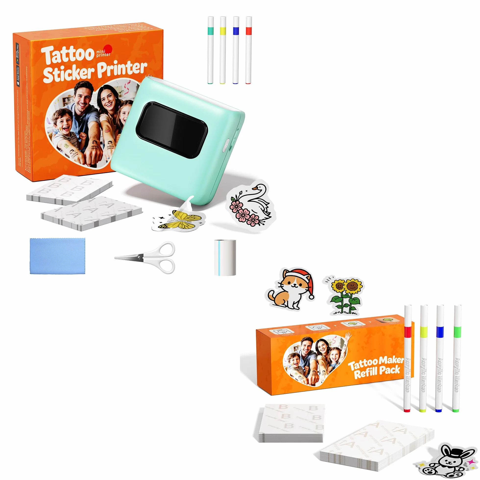TATTMUSE Imprimante à Tatouage avec Pack de Recharge Papier pour Enfants - Créer des Tatouages Ephemere Personnalisés avec 80 Feuilles pour Tattoo et 8 Marqueurs