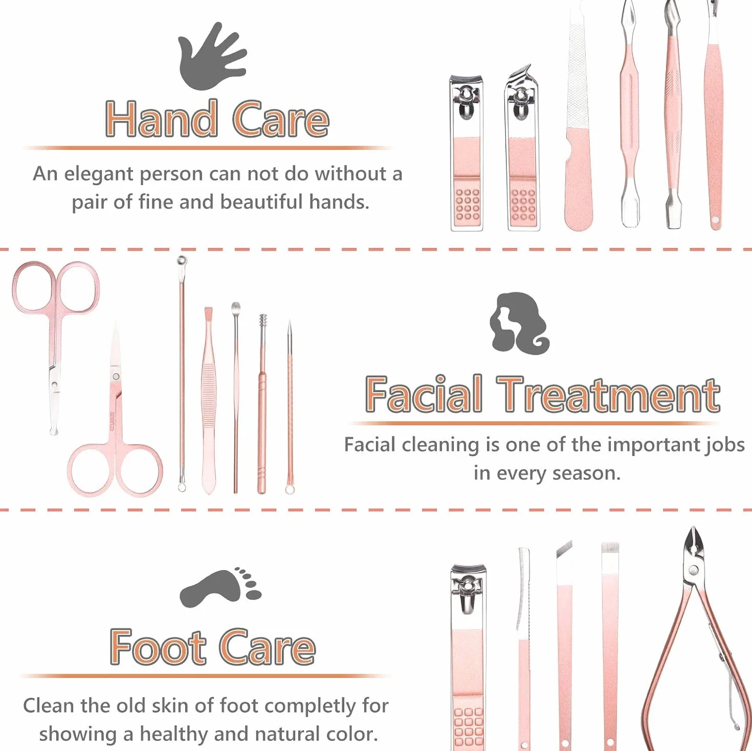 Kit Manucure Pédicure Professionnel 18 Pièces, Coupe-Ongles en Acier Inoxydable avec Boîte de Voyage (Or Rose)