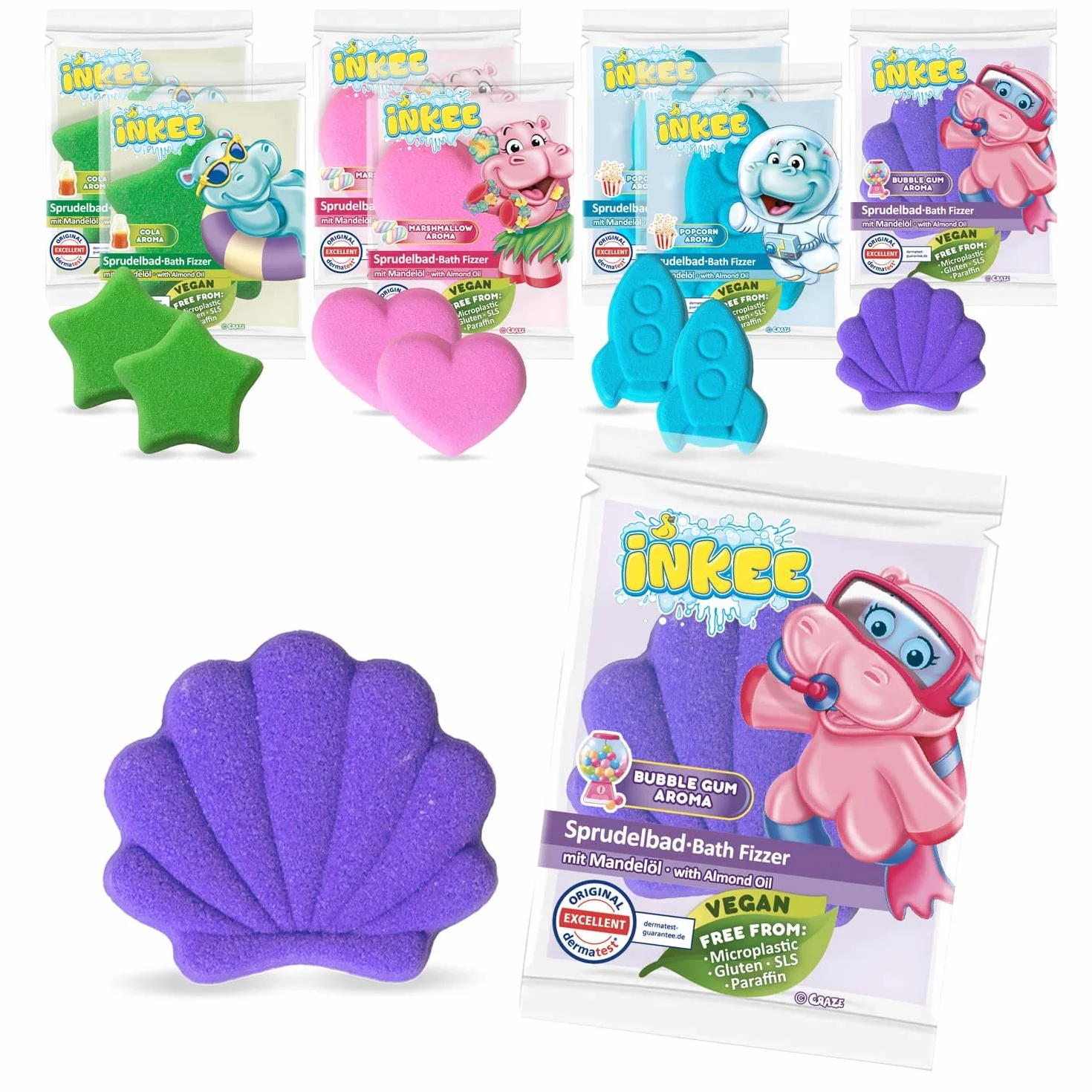 INKEE Bath Fizzer Mix 4x Boules de bain pétillantes à l'huile d'amande douce, Bombe de bain enfant 4x 20g