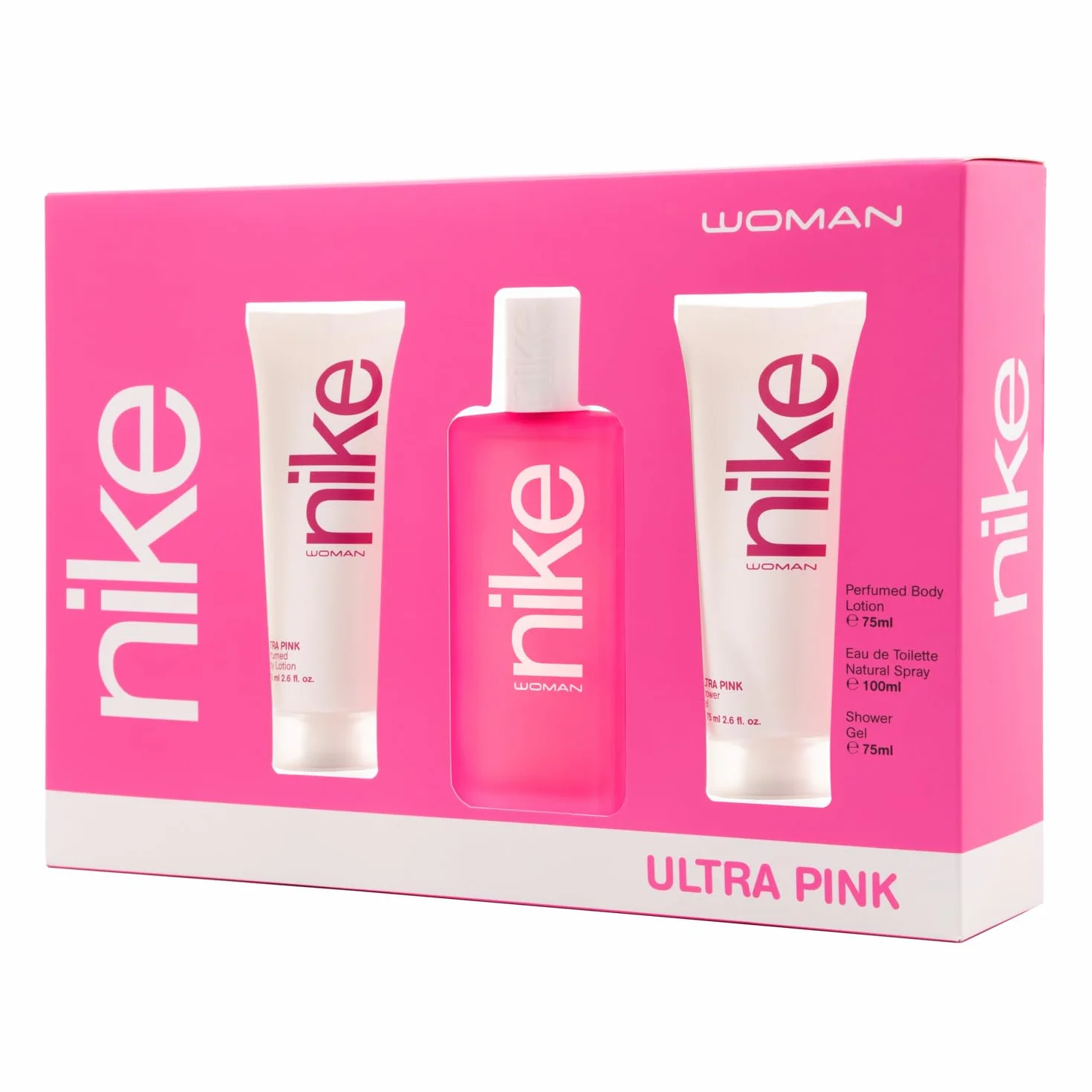NIKE - Cologne Ultra Pink 100 ml + Crème Corps 75 ml + Gel Bain 75 ml, Coffret Femme, Eau de Toilette Naturelle et Féminine, Arôme Oriental Gourmand, Parfum Frais, Insoumis et Longue Tenue