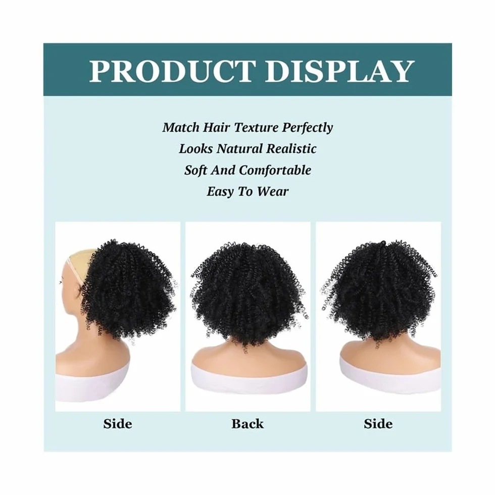 Health Extension de queue de cheval afro courte bouclée avec cordon de serrage pour femme noire Synthétique Afro Puff Queue de cheval avec clips Soins personnels (Noir)