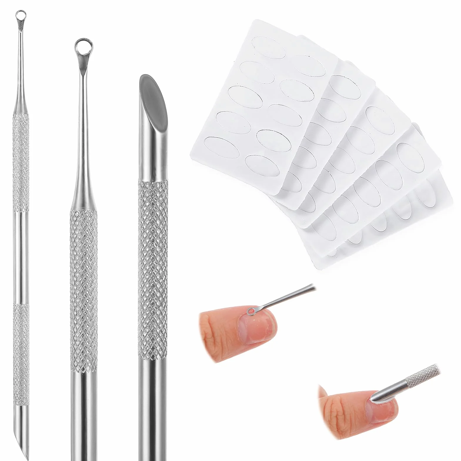 TIESOME Repousse-cuticules double extrémité avec 10 feuilles papier de verre dissolvant vernis à ongles outil professionnel manucure pédicure argenté