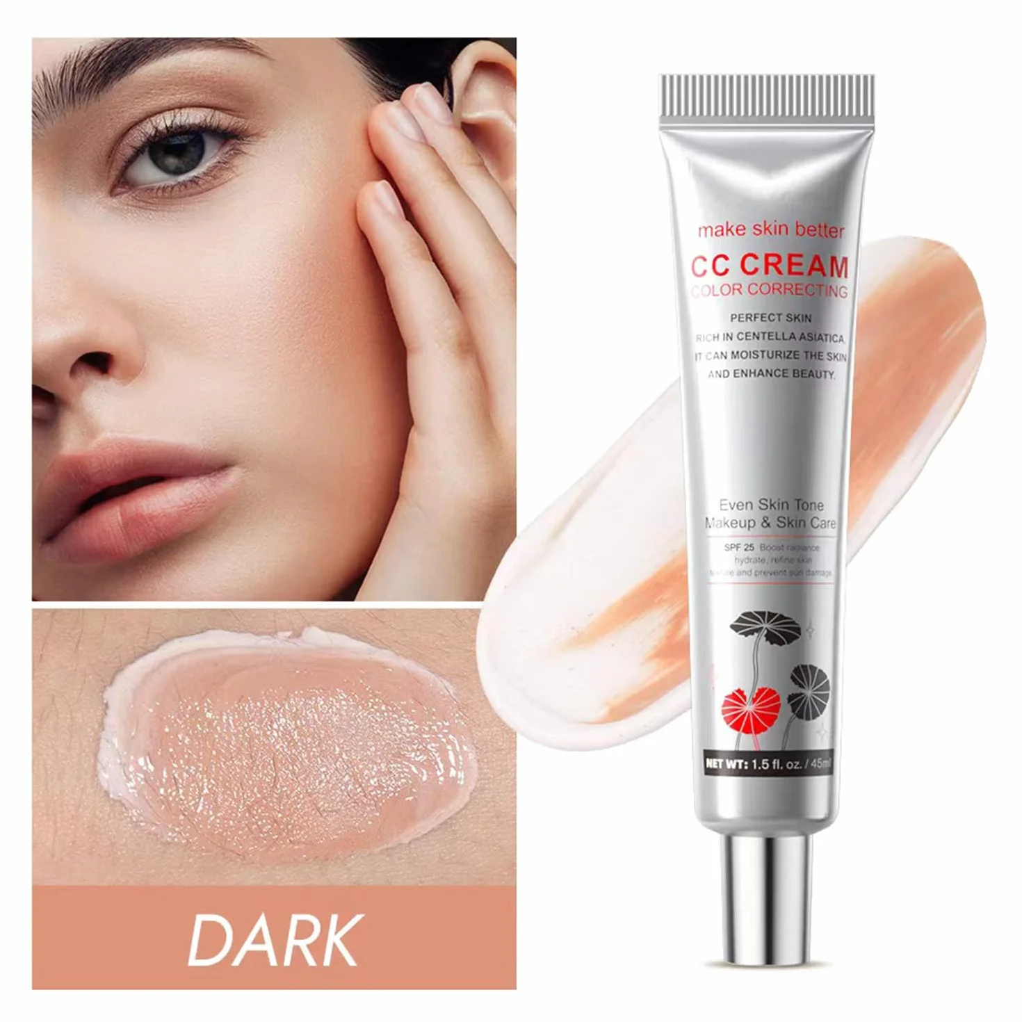 CC Cream Crème Correctrice de Teint SPF 25 Hydratant Teinté Léger Tenue Longue Effet Lissant Illuminateur DARK 45ml