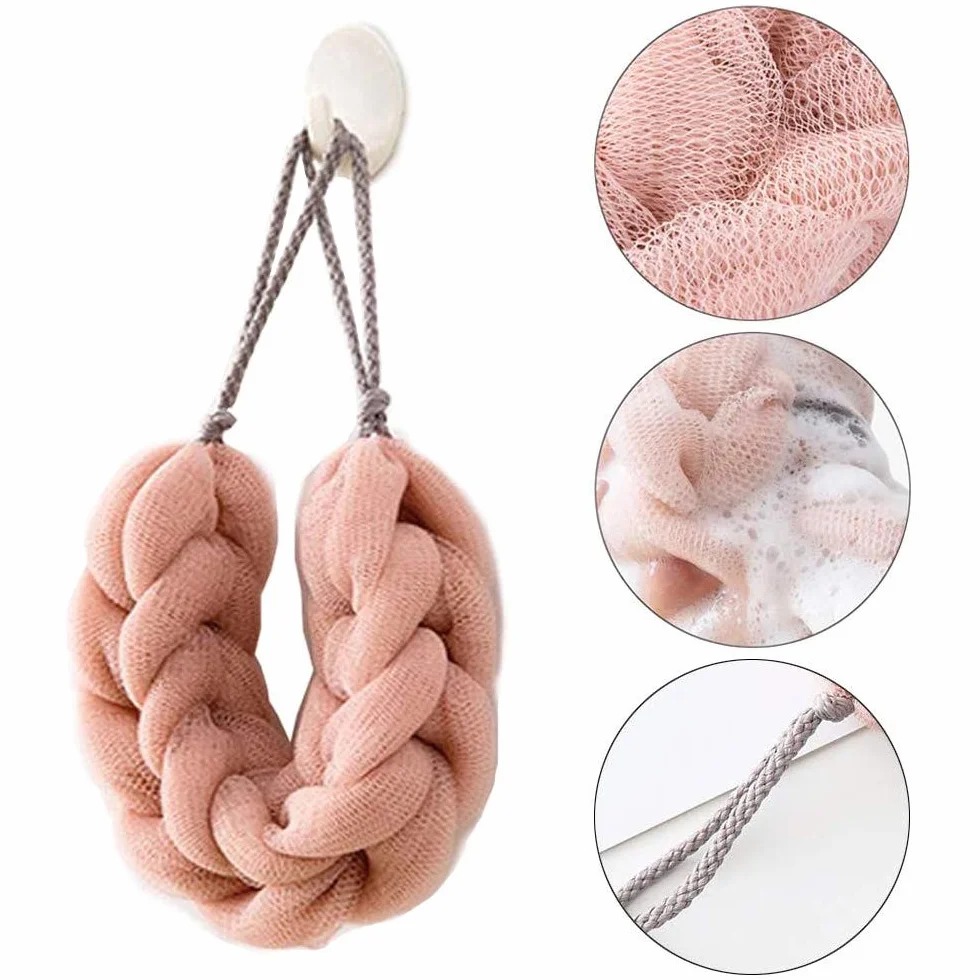 Eponge de Douche Maille 3 Pièces, Eponge de Bain Epurateur de Dos, Tresses Extensibles pour Gommage Corps
