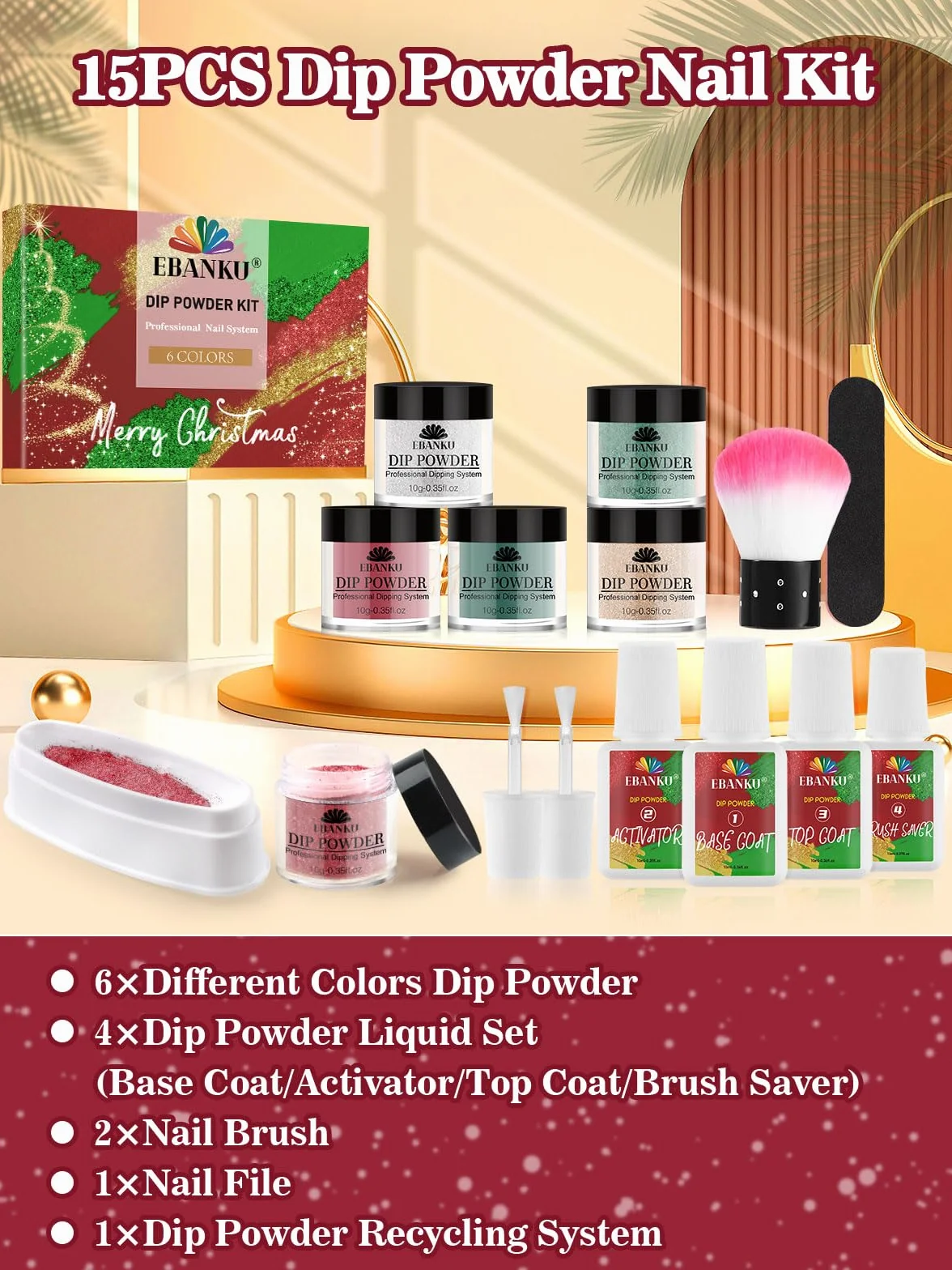 EBANKU Kit Poudre à Tremper Noël 15 pièces 6 couleurs avec Liquide Activateur Base/Couche Finition Brosse Manucure