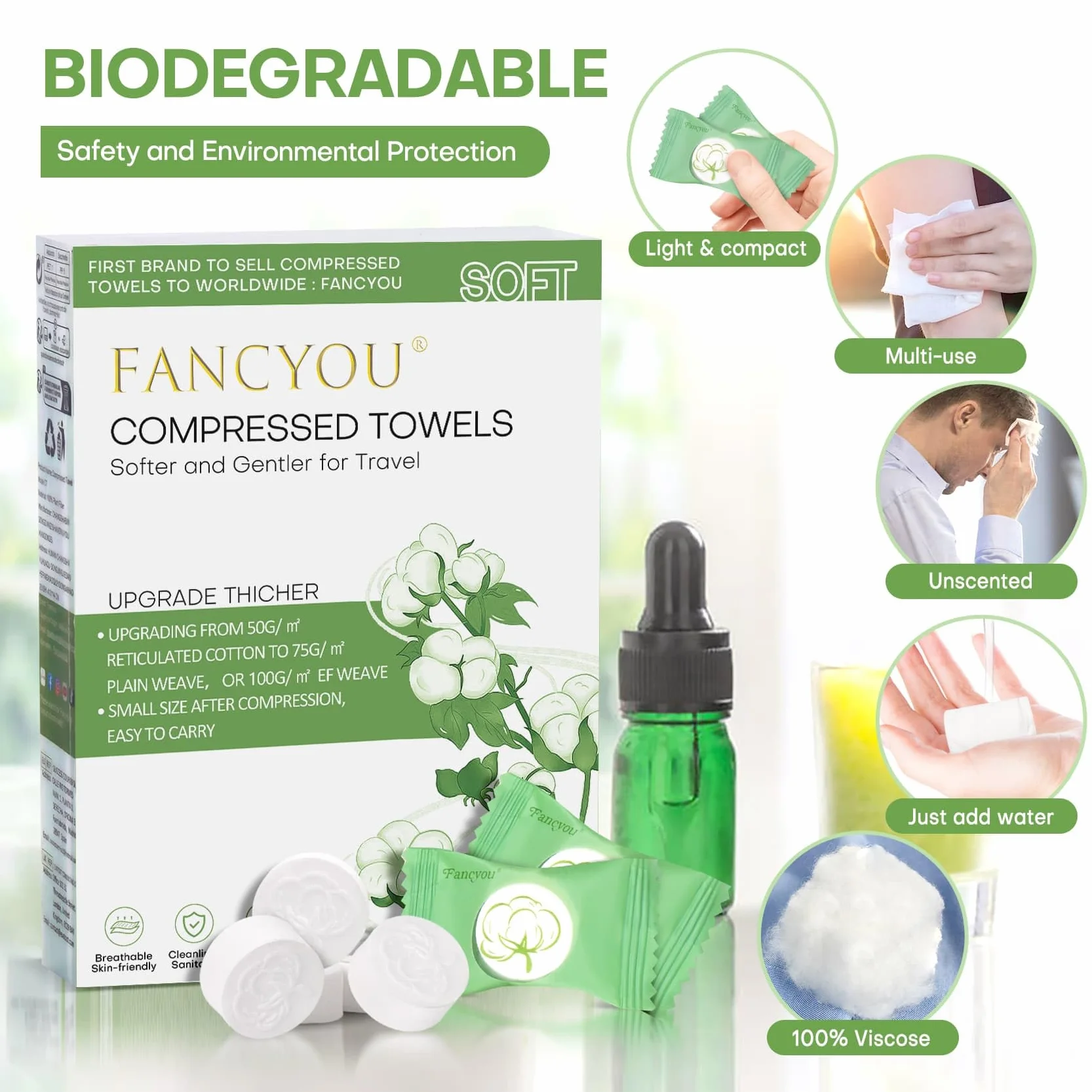 Serviettes Compressées Jetables 100Pièces, Ultra-douces Biodégradables Visage Voyage, Chiffons Nettoyage Comprimés Absorbants