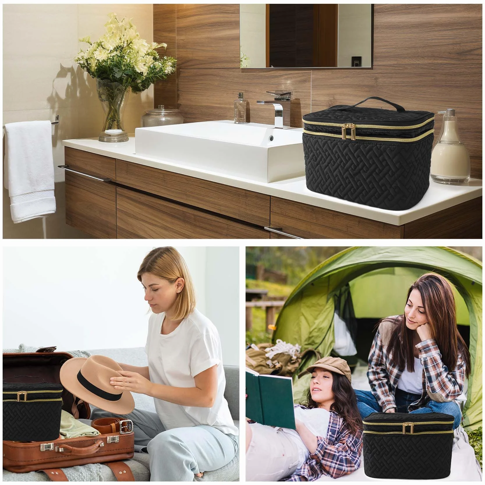 Trousse de Toilette Femme Grande Double Couche avec Compartiment à Pinceaux, Résistante à l'Eau, Noir
