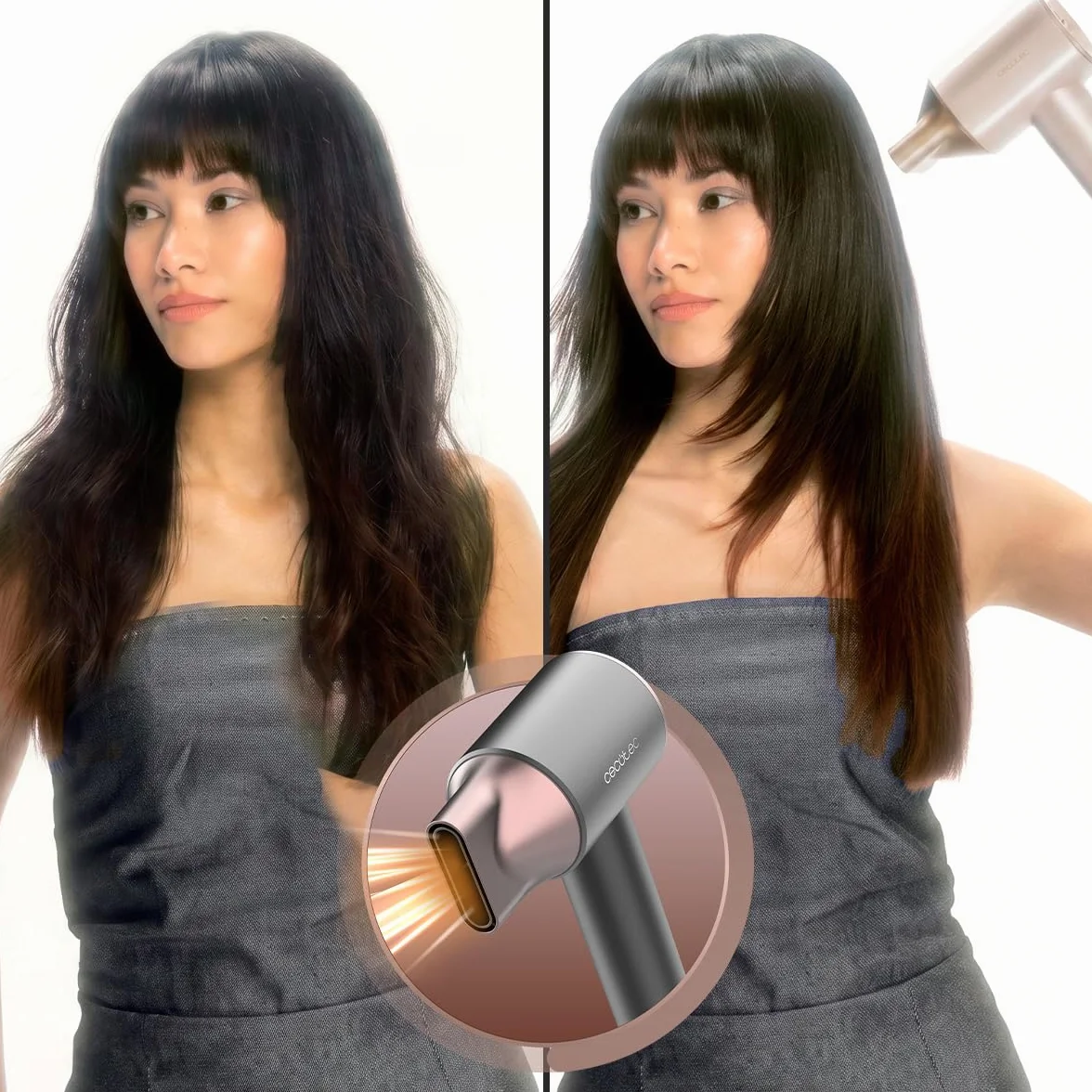 Cecotec Sèche-Cheveux à Ions - DryGlam 2in1 Sensor Champagne. 1400W, 110000rpm, Technologie de Capteur de Température, Moteur Brushless, 2 Vitesses et 3 Températures, Embout Concentrateur et Diffuseur