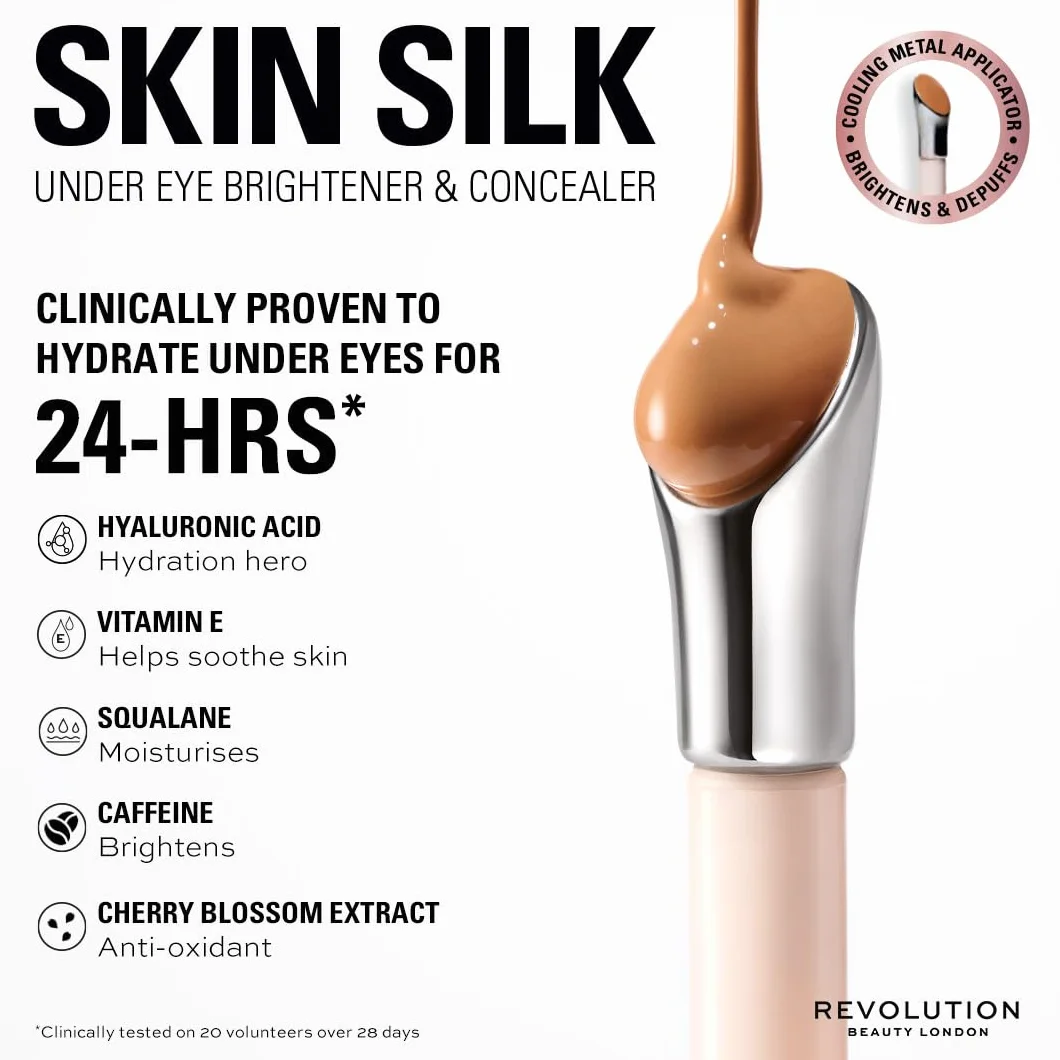 Revolution Skin Silk Radiant Serum Illuminateur contour des yeux Hydrate lisse acide hyaluronique squalane Vegan Cruelty-Free Fair Cool 4 ml