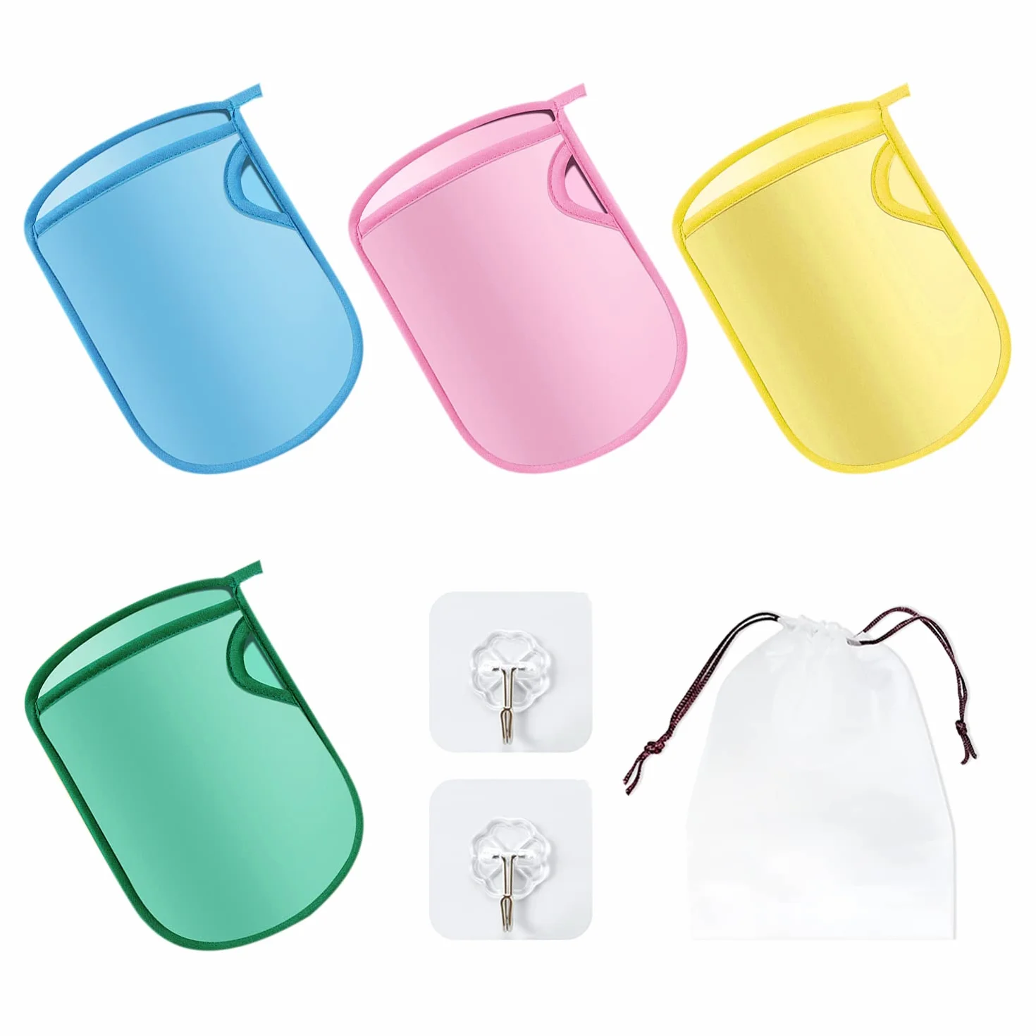 4 Gants de Bain Super Doux et Exfoliants, Avec Crochets et Sacs de Rangement, Gants en Eponge de Bain, Gants de Bain Indolores, Adaptés aux Adultes et aux Enfants