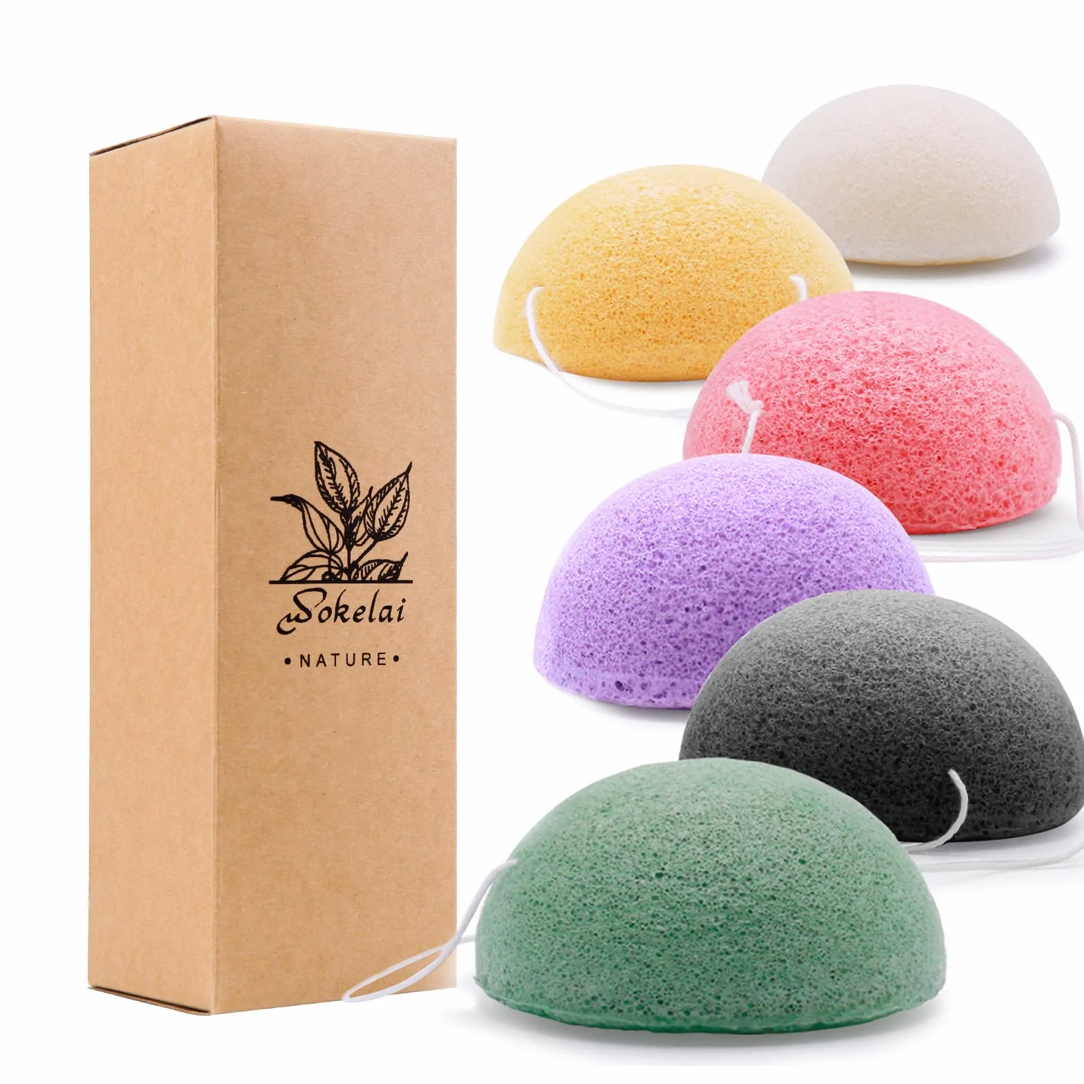 Lot de 6 éponges Konjac naturelles pour le visage avec charbon actif et aloe vera