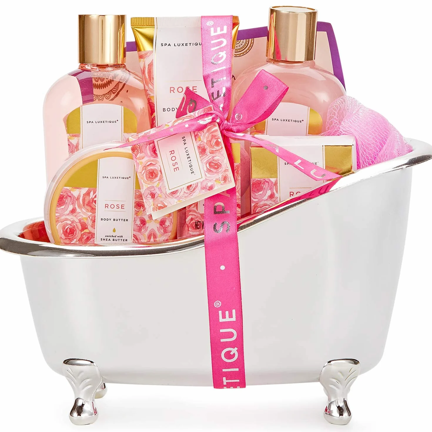 Spa Luxetique Coffret Cadeau Femme Rosa 8 Pièces Soin Beauté Gel Douche Beurre Karité Bombe Bain Bain Moussant