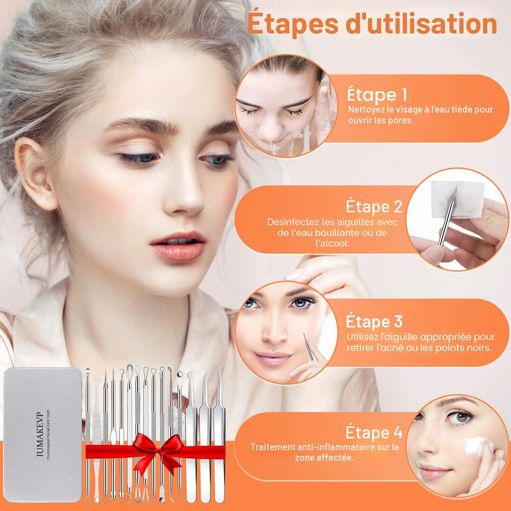Extracteur Point Noir 15 Pièces Pince Professionnels Acier Inoxydable pour Enlever Boutons Acnés Visage - Blackhead Remover Outil Étui Métal Argent