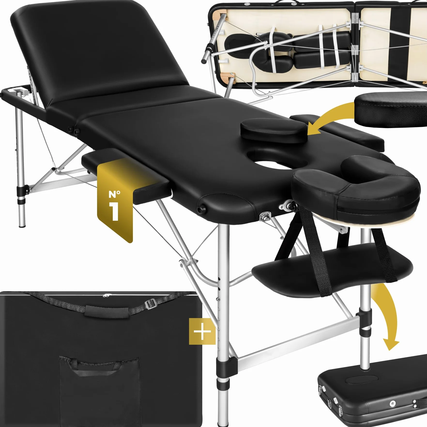 Tectake Table de Massage Pliante Professionnelle 3 Zones Aluminium Cosmetique Lit de Massage Tatouage Portable avec Repose Bras