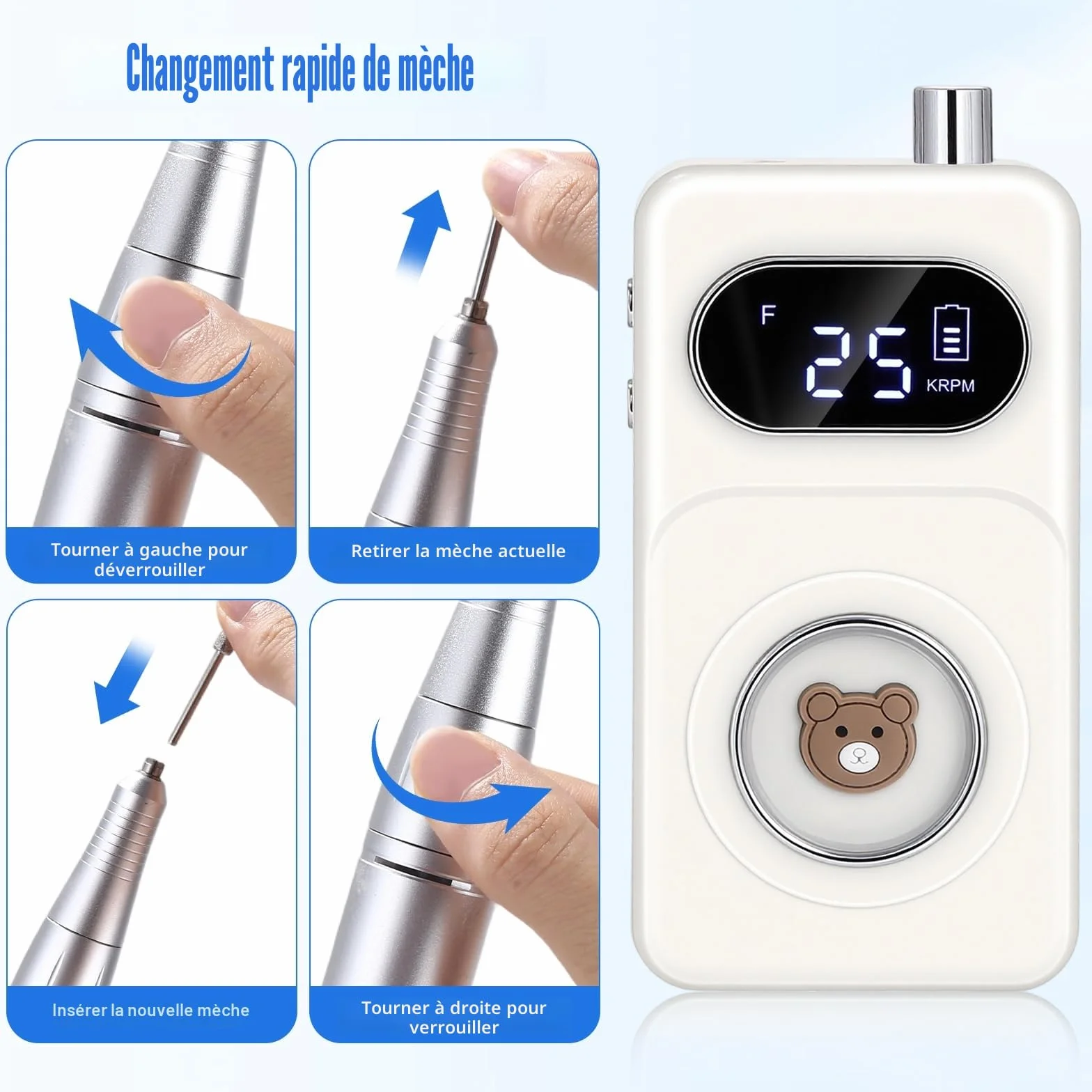 Ponceuse pour Ongles Professionnel 45000 tr/min Vitesse Réglable F/R Electrique Rechargeable avec 6 Embouts et Affichage de LCD Puissante Silenceuse pour Manucure Pédicure Salon, Usage Maison