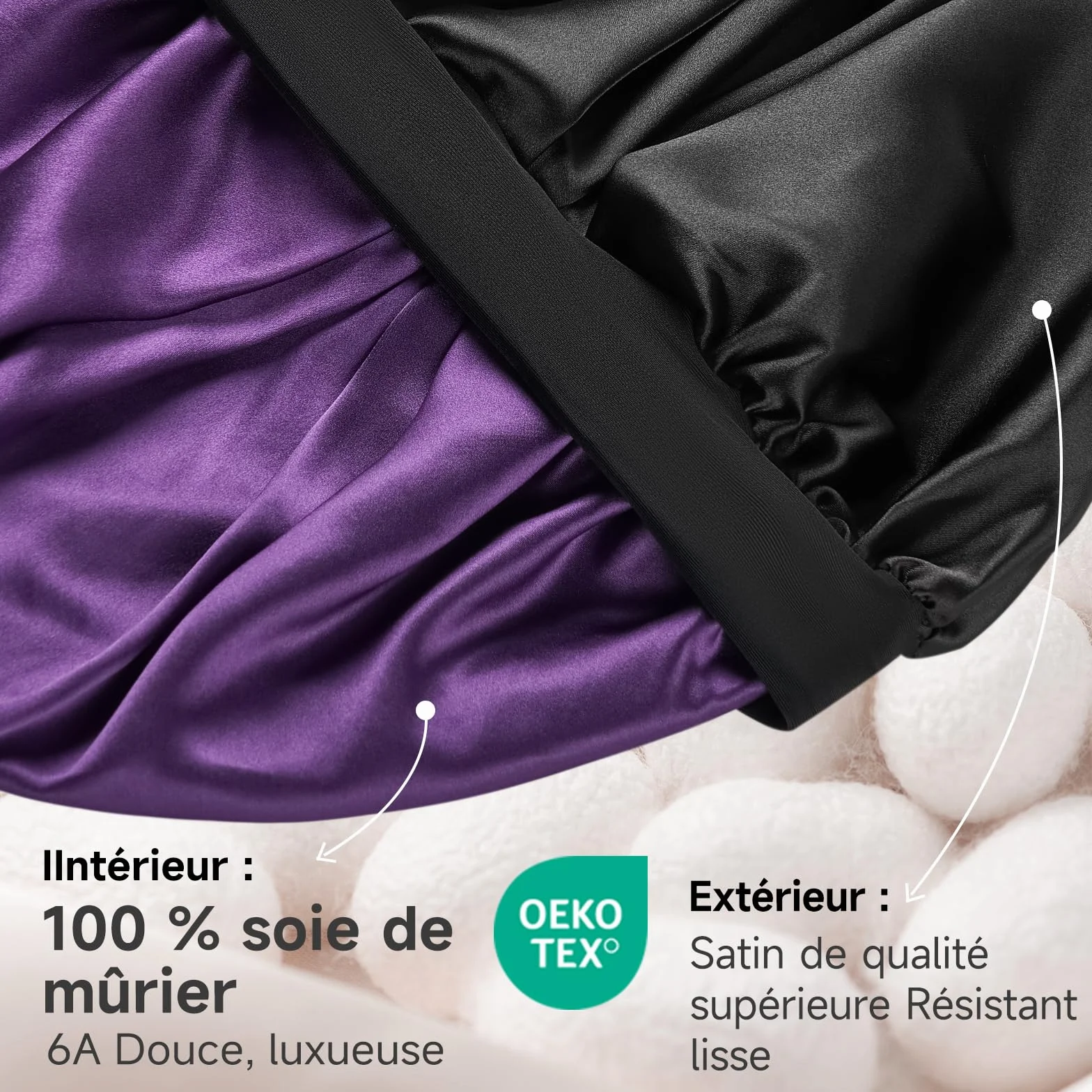 Umisleep Bonnet Soie Cheveux Nuit avec Doublure Soie de mûrier 22 Momme – Double Couche, Grande Taille pour Cheveux Longs ou bouclés, Bande Large réglable, Ultra-Doux, Noir+Violet