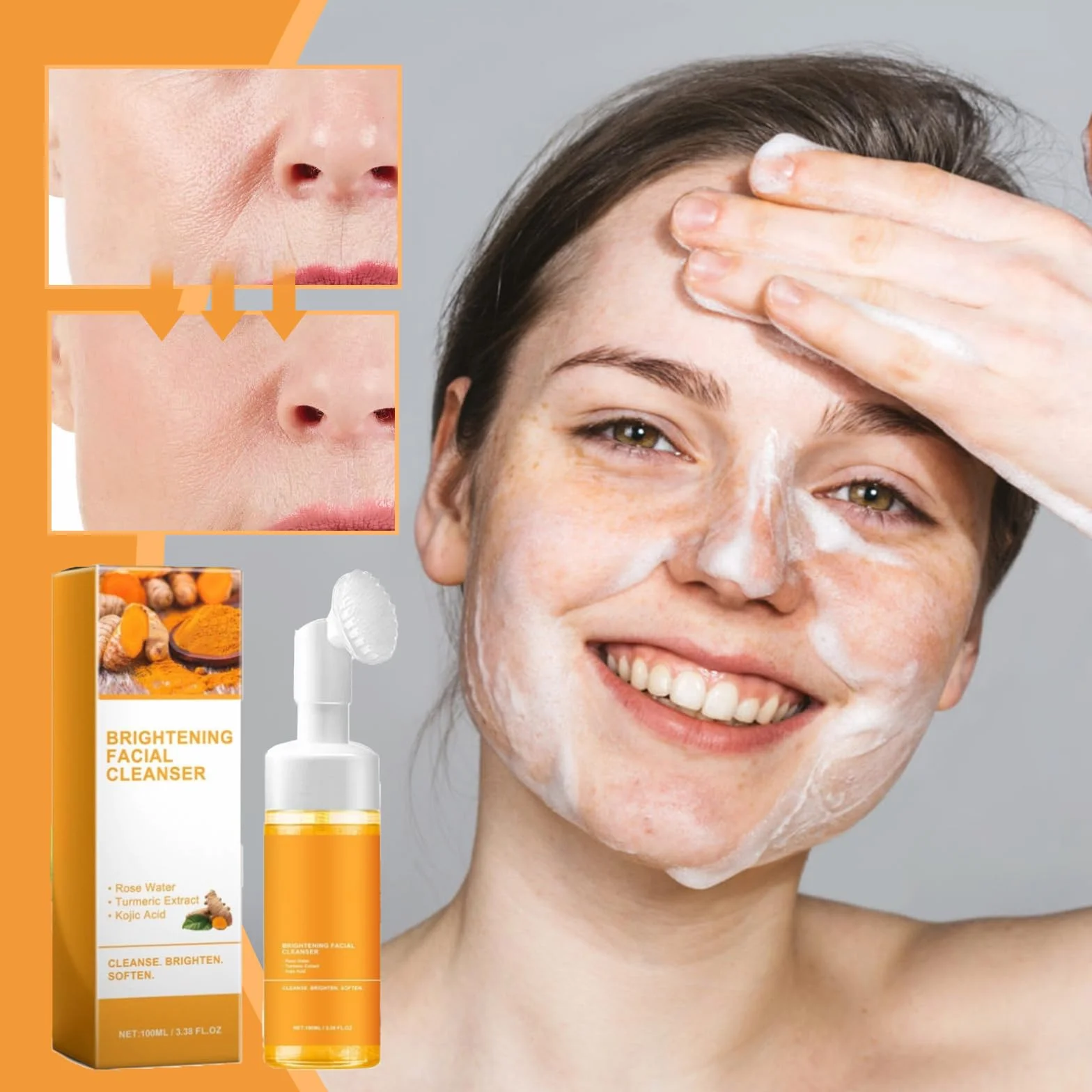 Ensemble Trois Pièces pour Lavage et Soins au Curcuma, Nettoyant Facial Avec Brosse, Tampons Gommants pour le Visage, Pain de Savon, Filet Moussant pour Savon, Ensemble de Nettoyage en Profondeur