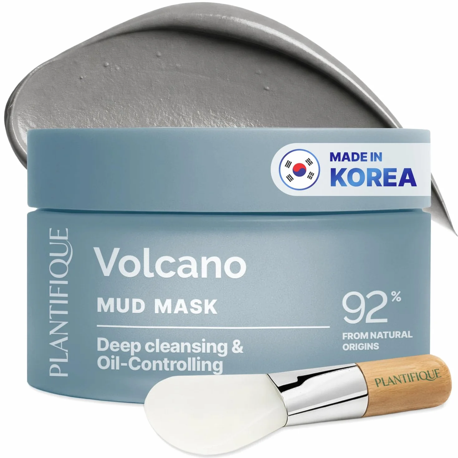 PLANTIFIQUE Masque Coréen à l'Argile Volcanique et Mer Morte – Masque Visage avec Charbon, Acide Hyaluronique, Huile de Jojoba et Beurre de Karité – Purifie, Affine les Pores, Hydrate et Apaise, 110g