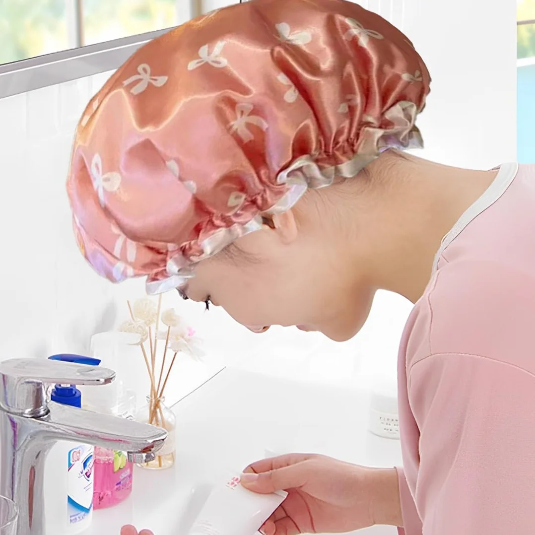 Bonnet de douche étanche en satin élastique réutilisable à double couche pour dormir (Rosa, Blanc, Or)