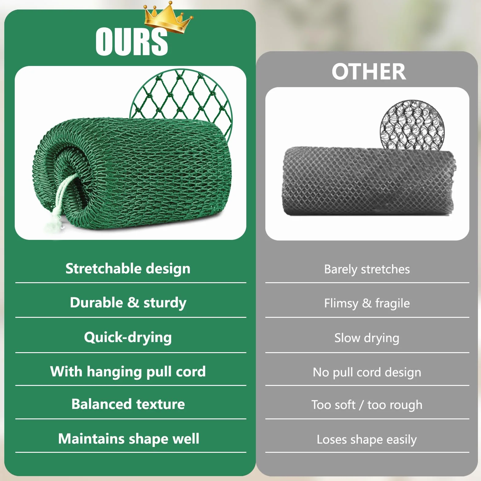 Filet de Douche Africain Éponge à Séchage Rapide Net Sponge avec Cordes pour Gommage Corps Doux Vert foncé