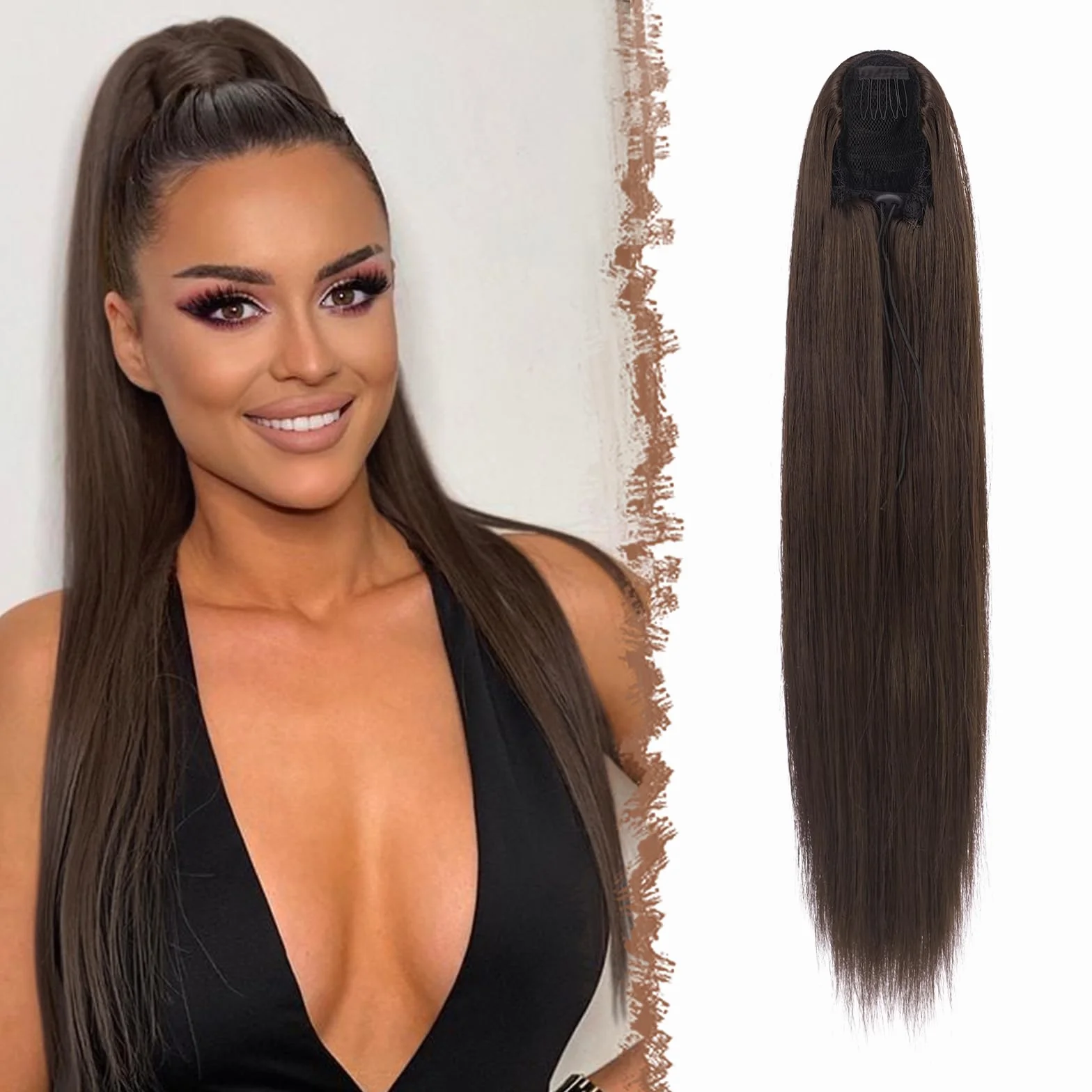 FESHFEN Postiche Queue de Cheval Cordon Droit Lisse, 60 cm Longue Ponytail Cheveux Naturel Postiche Synthétique Rajout Queue de Cheval pour Femmes Drawstring Ponytail Extension, Brun