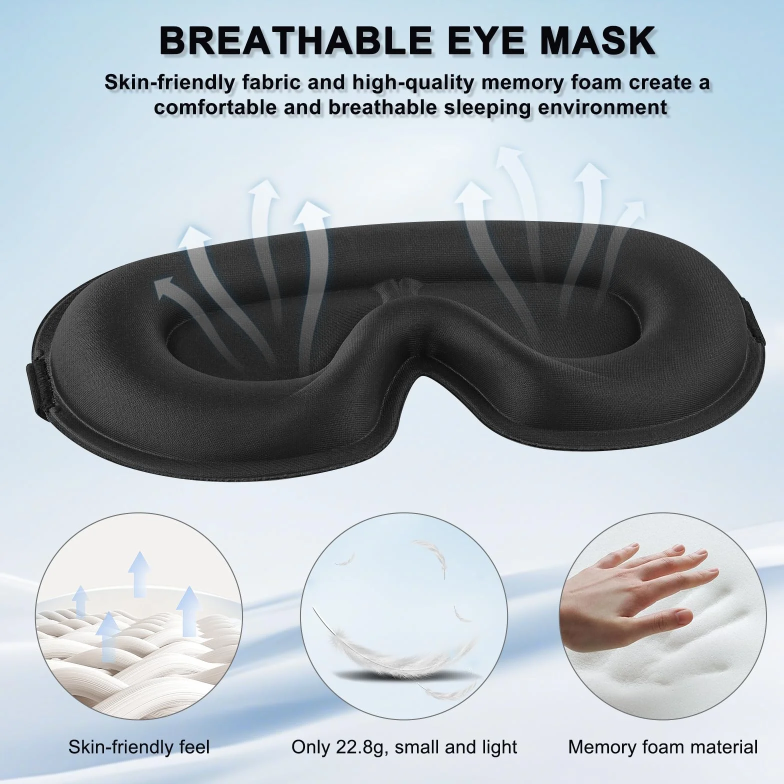 Masque de Nuit 3D Anti-Lumière Respirant, Élastiques Réglables Noir