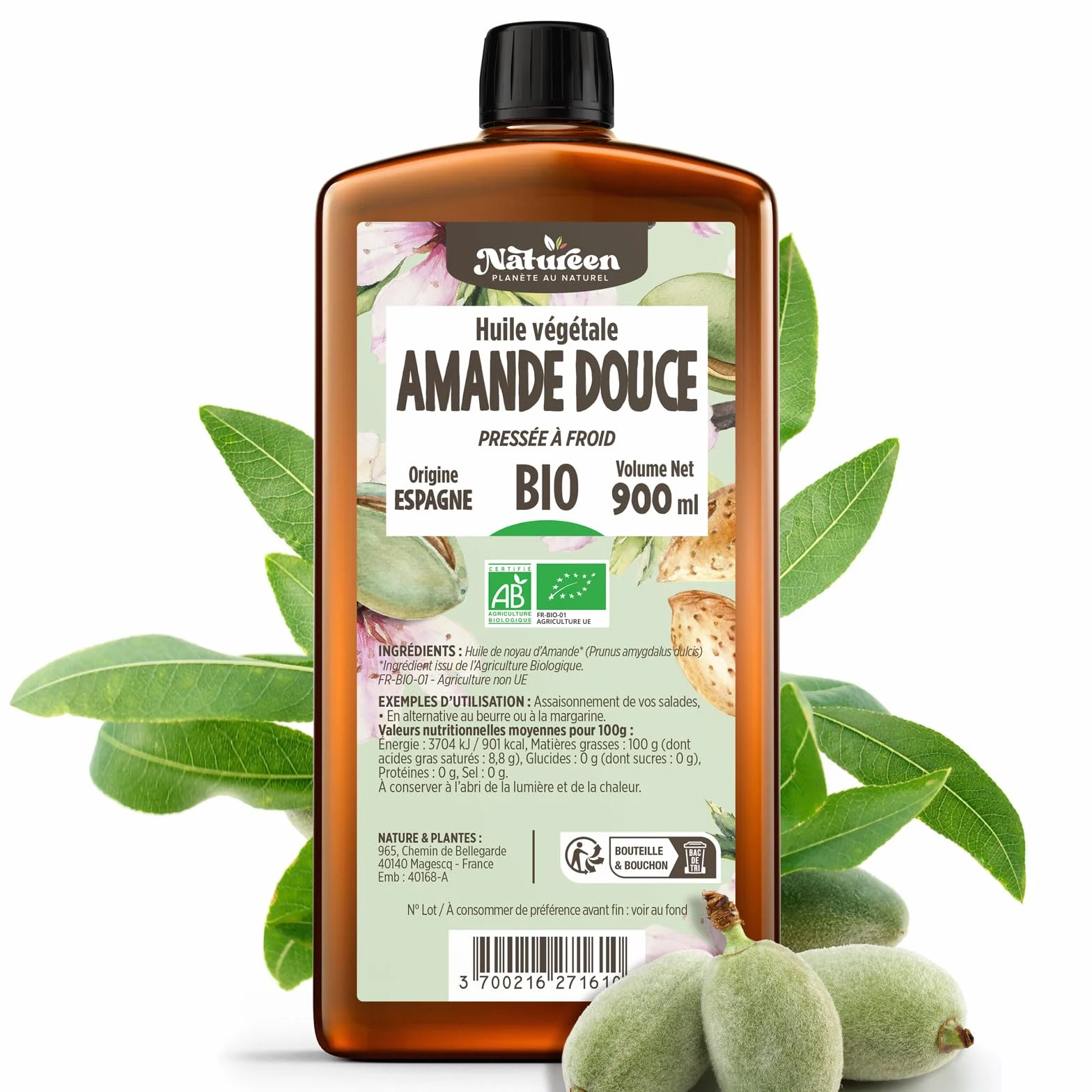 Huile d'Amande Douce 900 ml Cosmos Natural Natureen Pressée à froid Cheveux Peau Visage