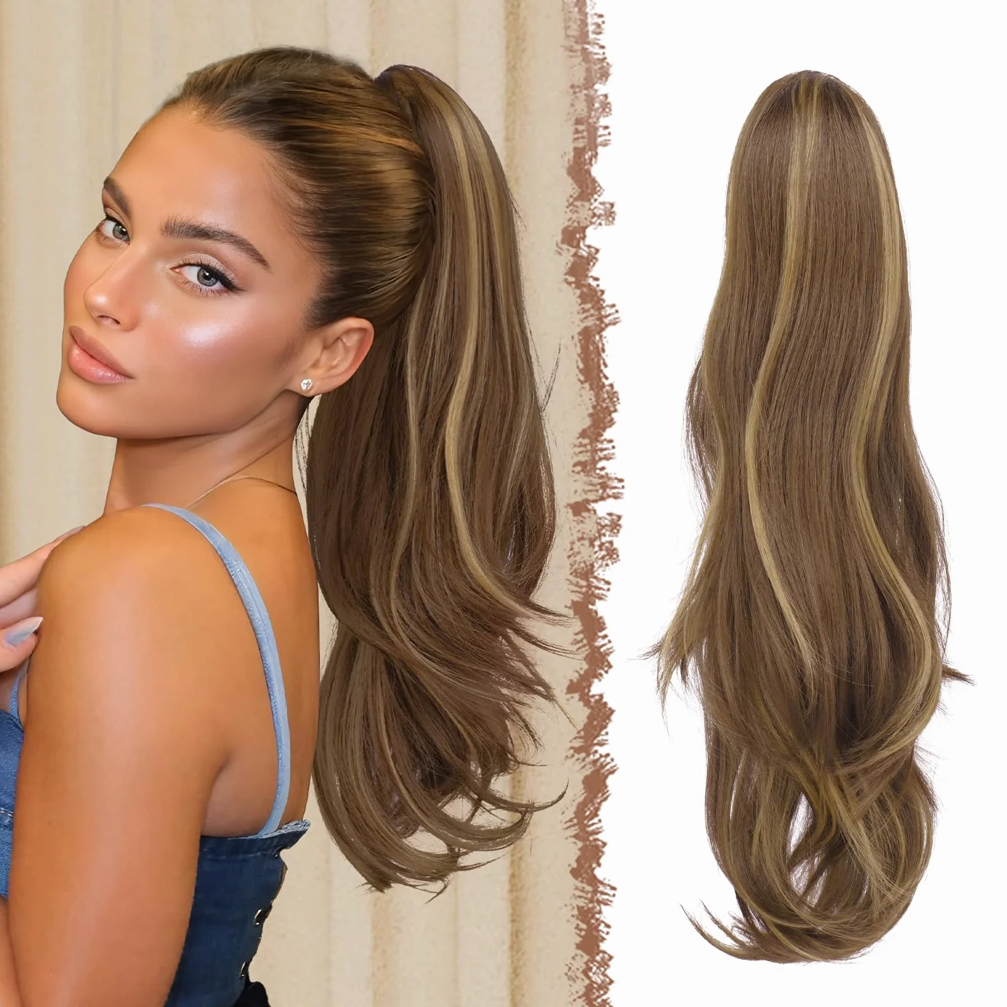 FESHFEN Extension Queue de Cheval avec Cordon, Naturel Ponytail Extensions de Cheveux Ondulées Synthétiques Blond Miel Mélangé Brun Clair Postiche Bouclés pour Femmese, 50 cm