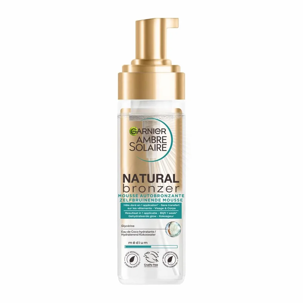 GARNIER Ambre Solaire Natural Bronzer Mousse Autobronzant Hydratant Hâle Progressif Sur-Mesure Eau de Coco Glycérine Vegan Cruelty Free Visage Corps 200 ml