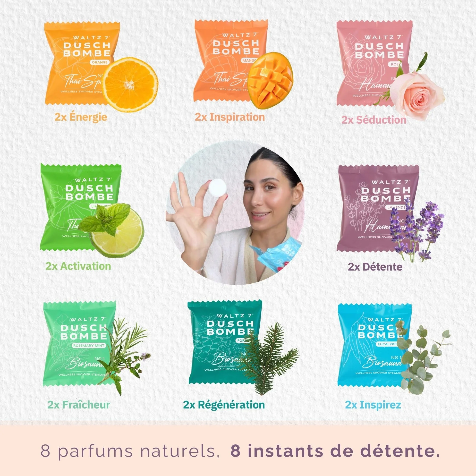 WALTZ 7 Set Bombes de Douche, 16 Sachet, 8 Senteurs, Aromatherapie, Calmant, Revigorant, Relaxant, Coffret Beaute