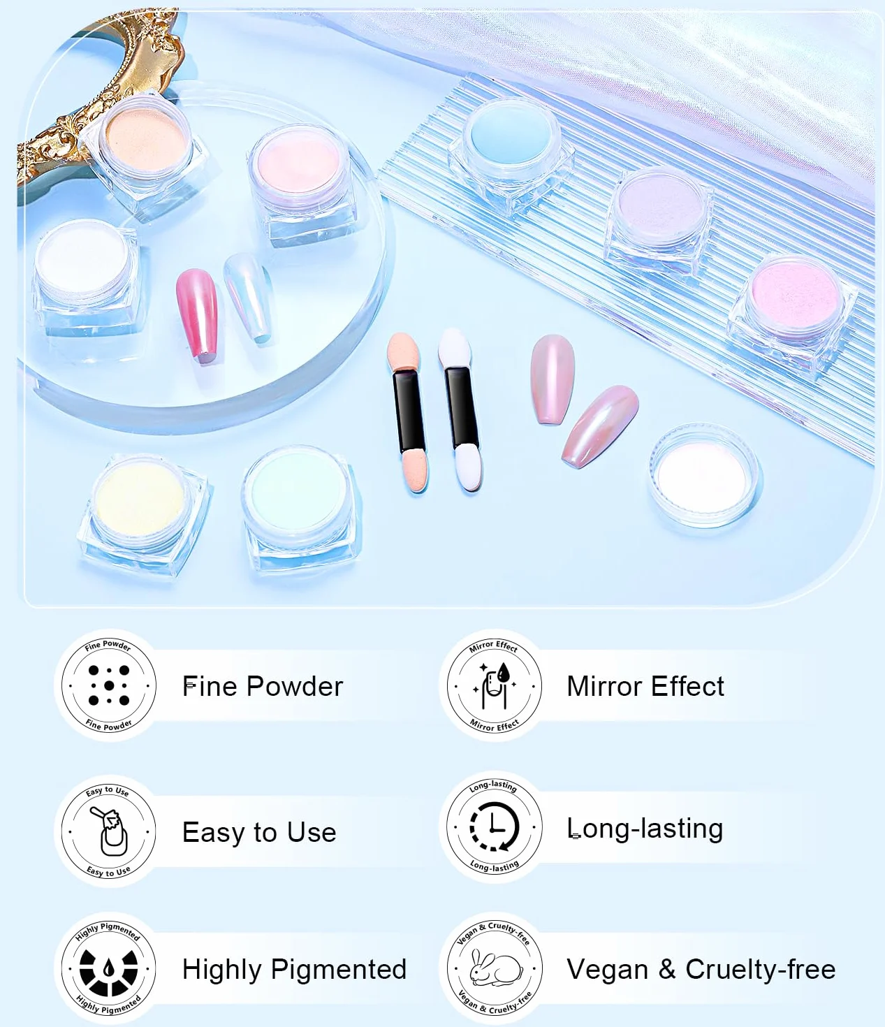 Pearl Poudre Chrome Ongle BISHENGYF 8Pcs Aurora Ice Schimmer Perles Chrome Powder Nail Art Manucure