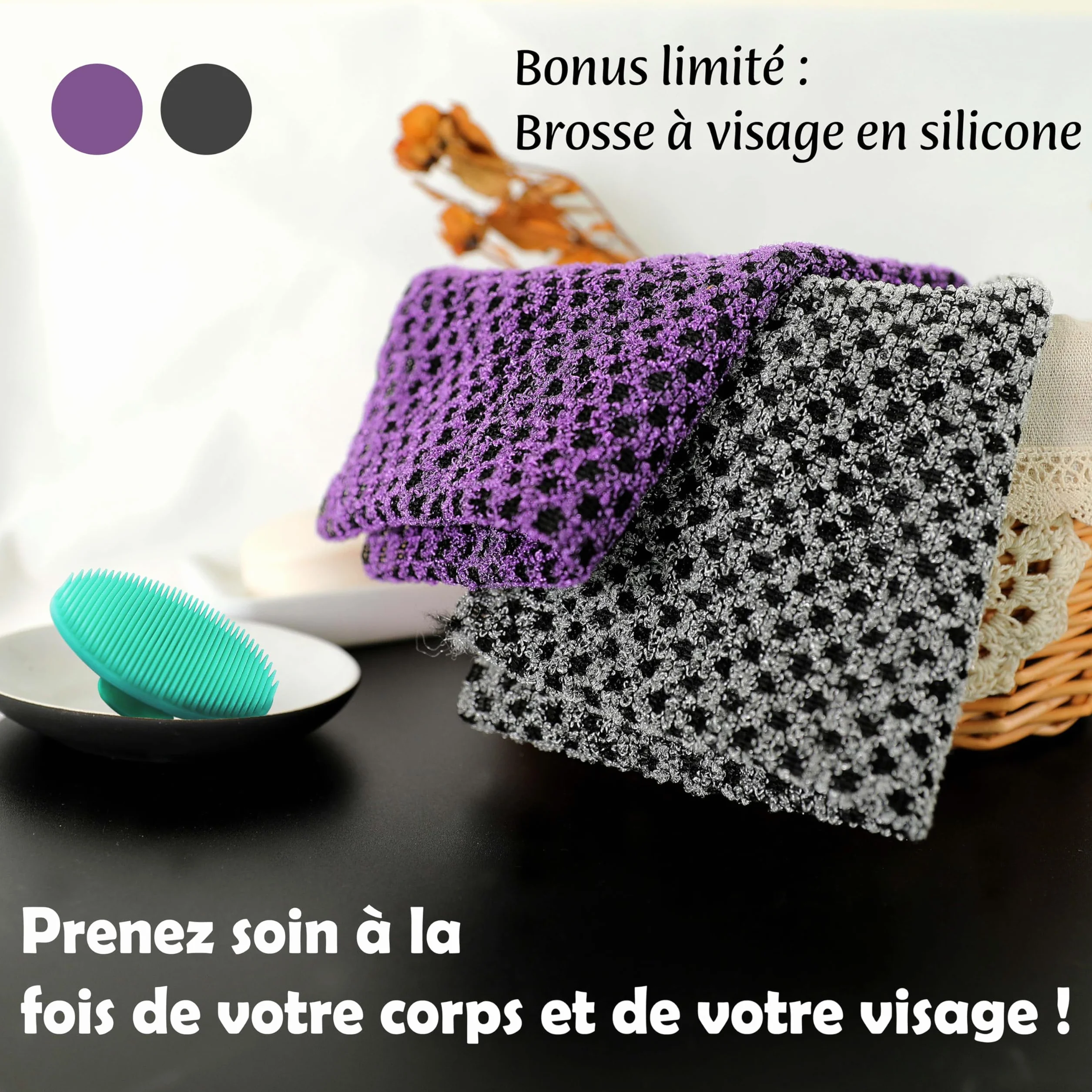 myHomeBody Extra longue Exfoliant Chiffon de lavage Brosse à corps Serviette exfoliante 3D Texture Obsidian and Raisin Dots Ensemble de 2