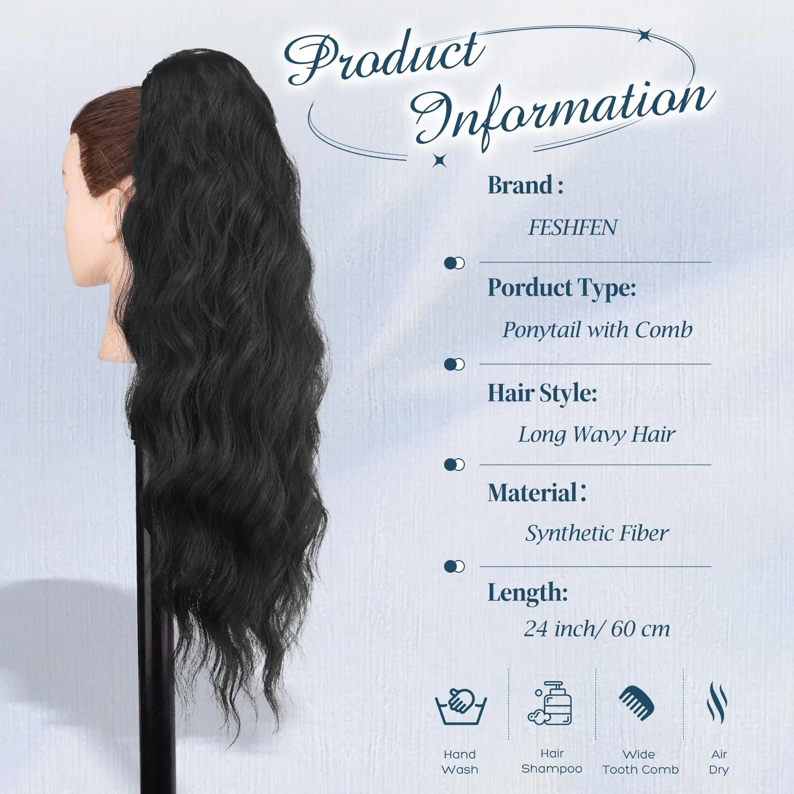 FESHFEN Postiche Queue de Cheval Noir Ondulé Longues, Extension Ponytail Cheveux avec Peigne Ponytails Bouclé Naturel Cordon Synthétique Postiches pour Femmes, 60 cm