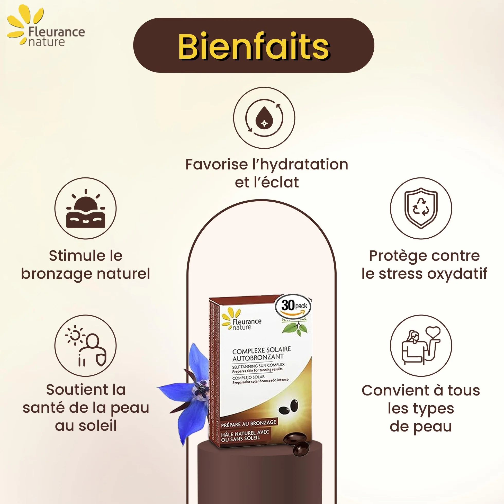Fleurance Nature - Complexe Solaire Autobronzant Teint Hâlé Lumineux et Préparation Peau - Complément Alimentaire Antioxydant à l'Huile de Bourrache - Format 2 Mois