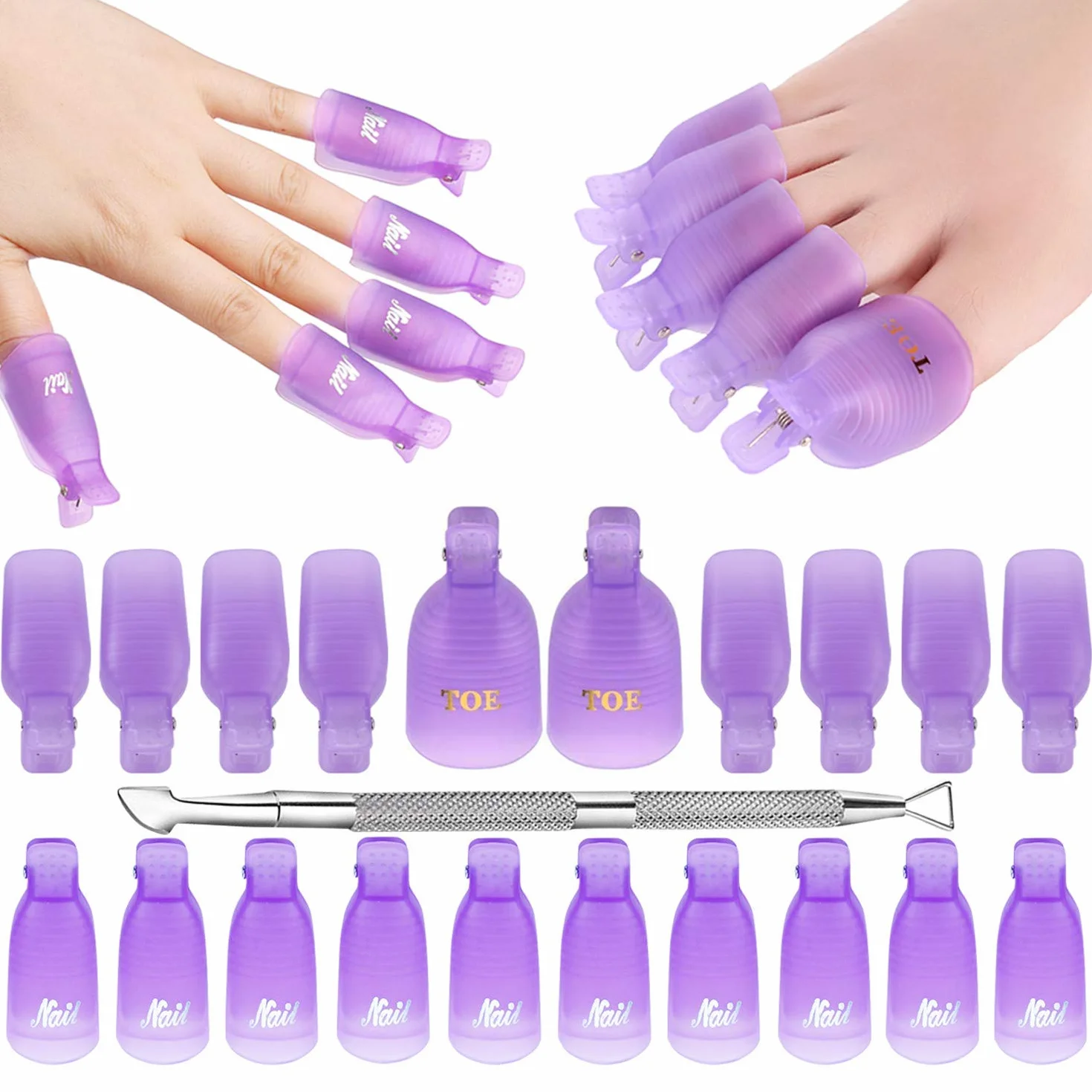 Makartt Clips à ongles pour enlever le vernis gel, poussoir métal double extrémité, 20 clips réutilisables, violet