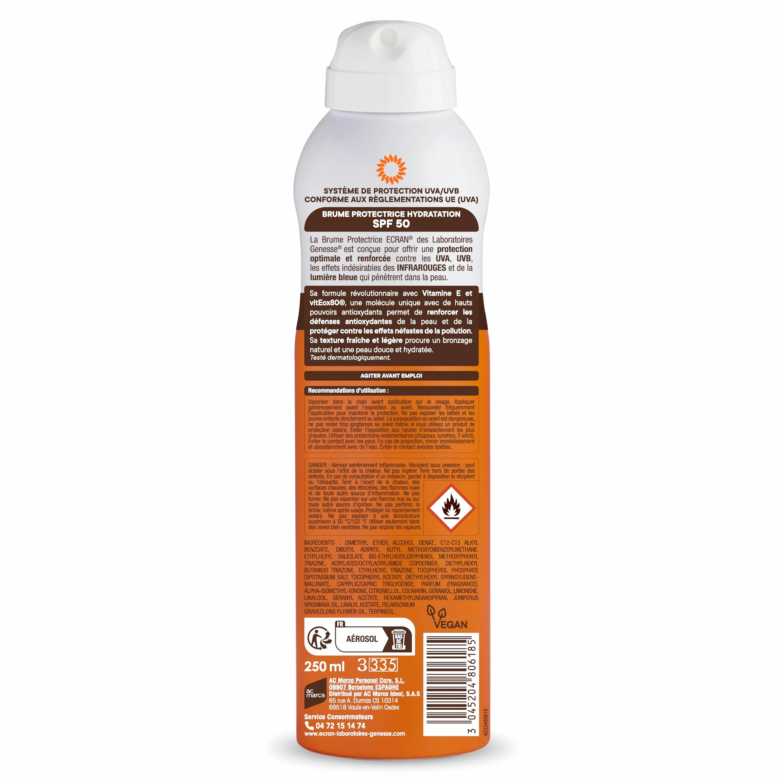 ECRAN Brume Protectrice Hydratante SPF 50 Protection UVA UVB Vitamine E
